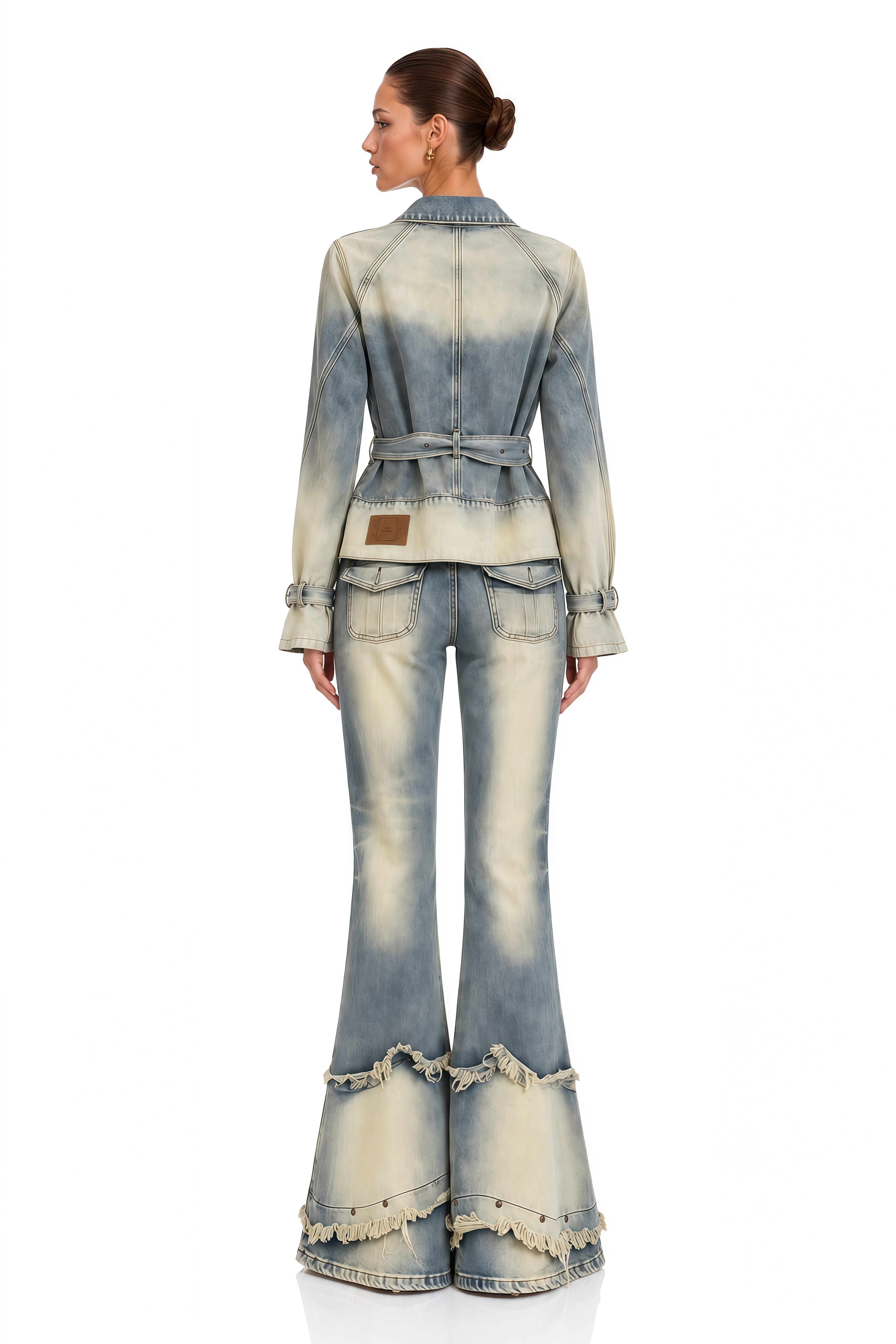 Delphine Washed Blue Belted Denim Jacket & Flared Jeans Set
