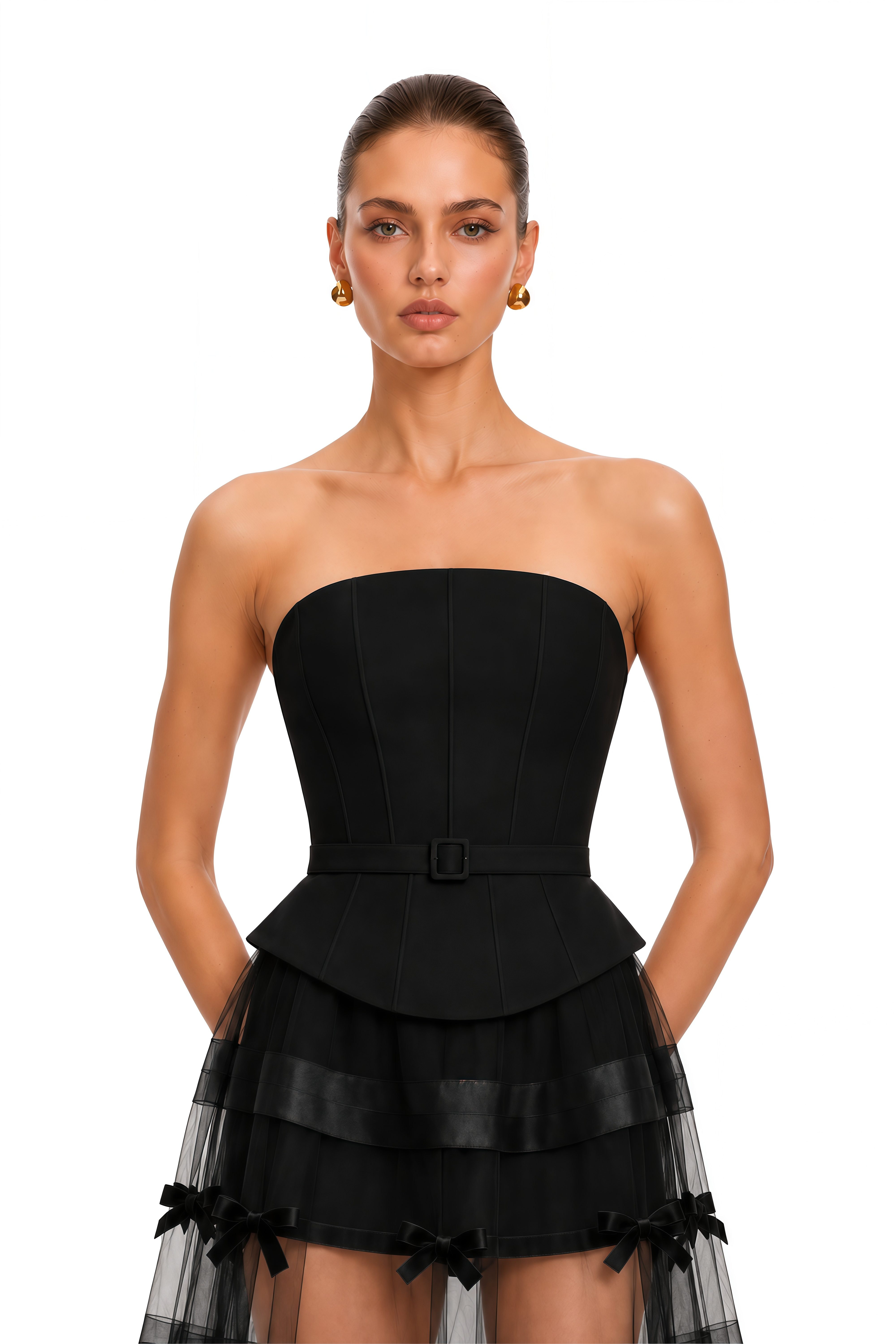 Delphinia Black Puff Sleeve Crop Top & Off-Shoulder Maxi Dress Set