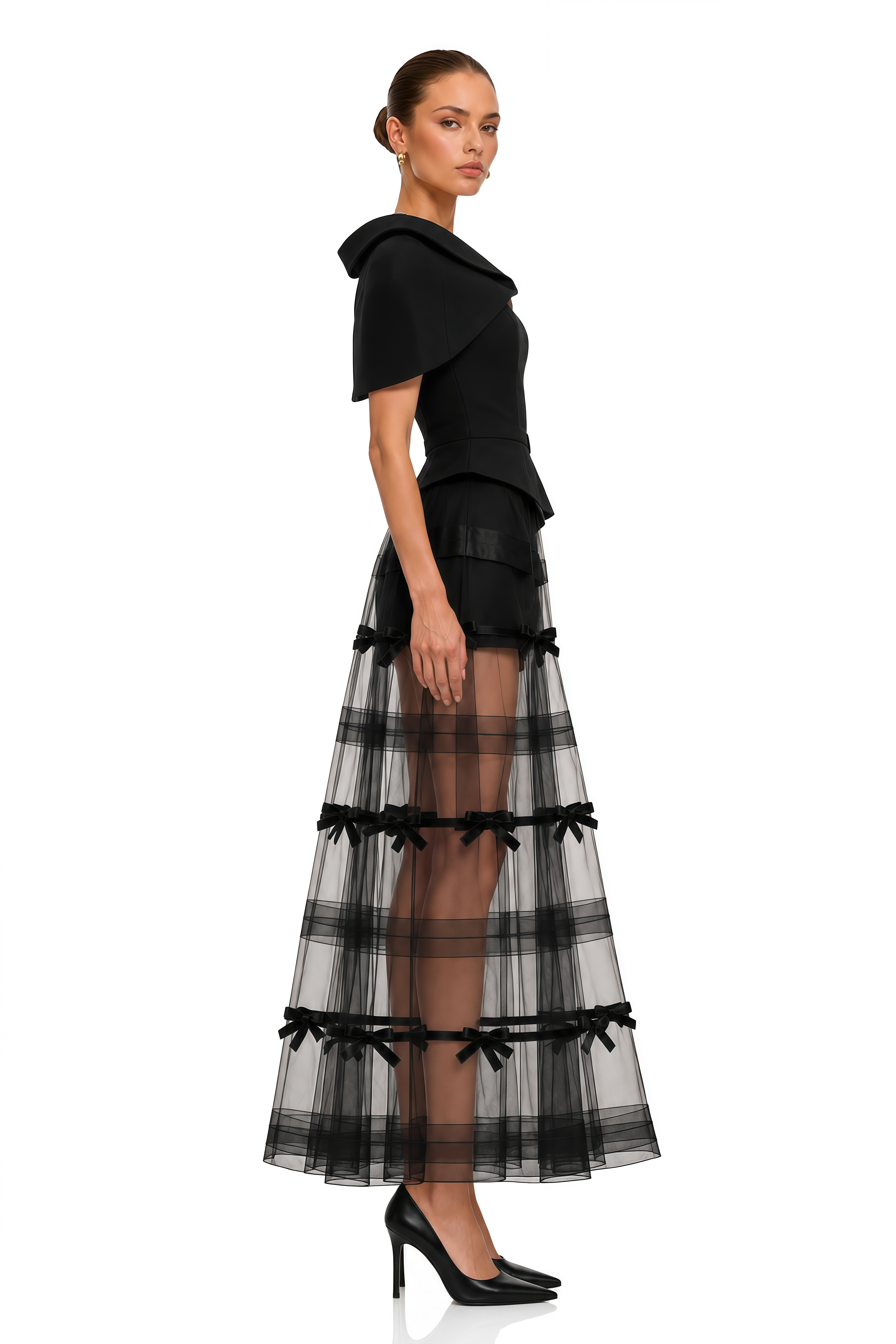 Delphinia Black Puff Sleeve Crop Top & Off-Shoulder Maxi Dress Set