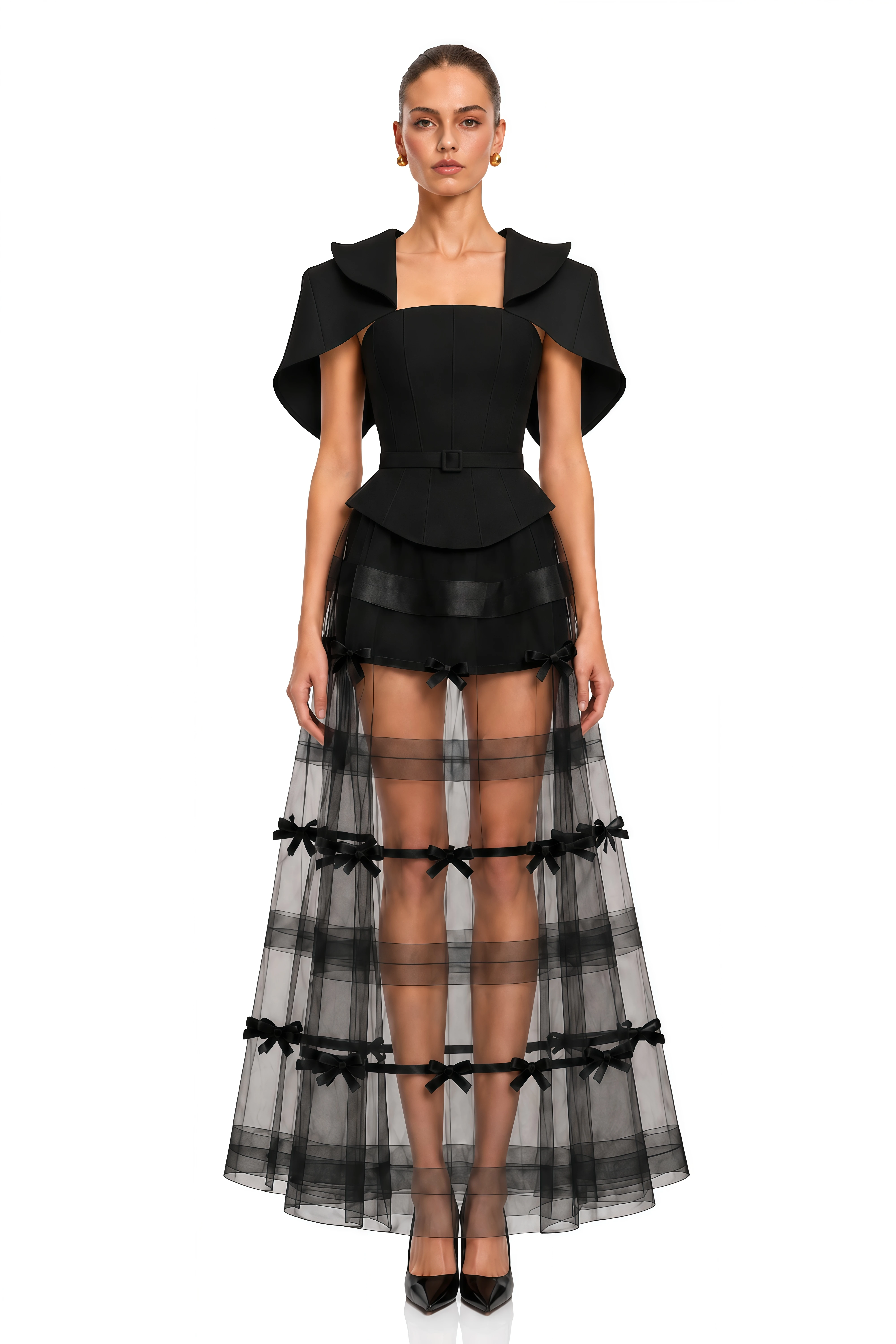 Delphinia Black Puff Sleeve Crop Top & Off-Shoulder Maxi Dress Set