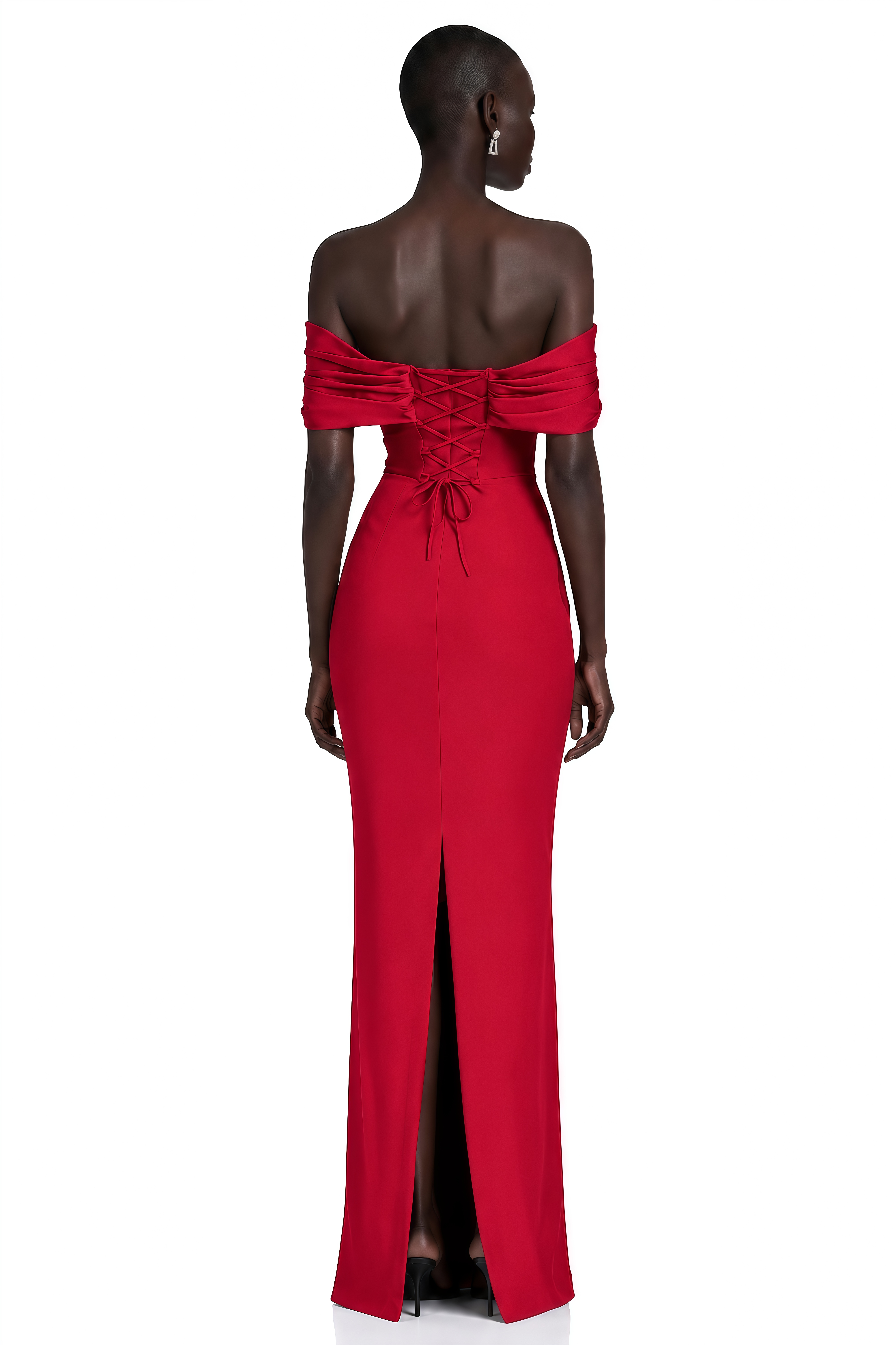 Demetria Red Off Shoulder Maxi Dress with Button Detail