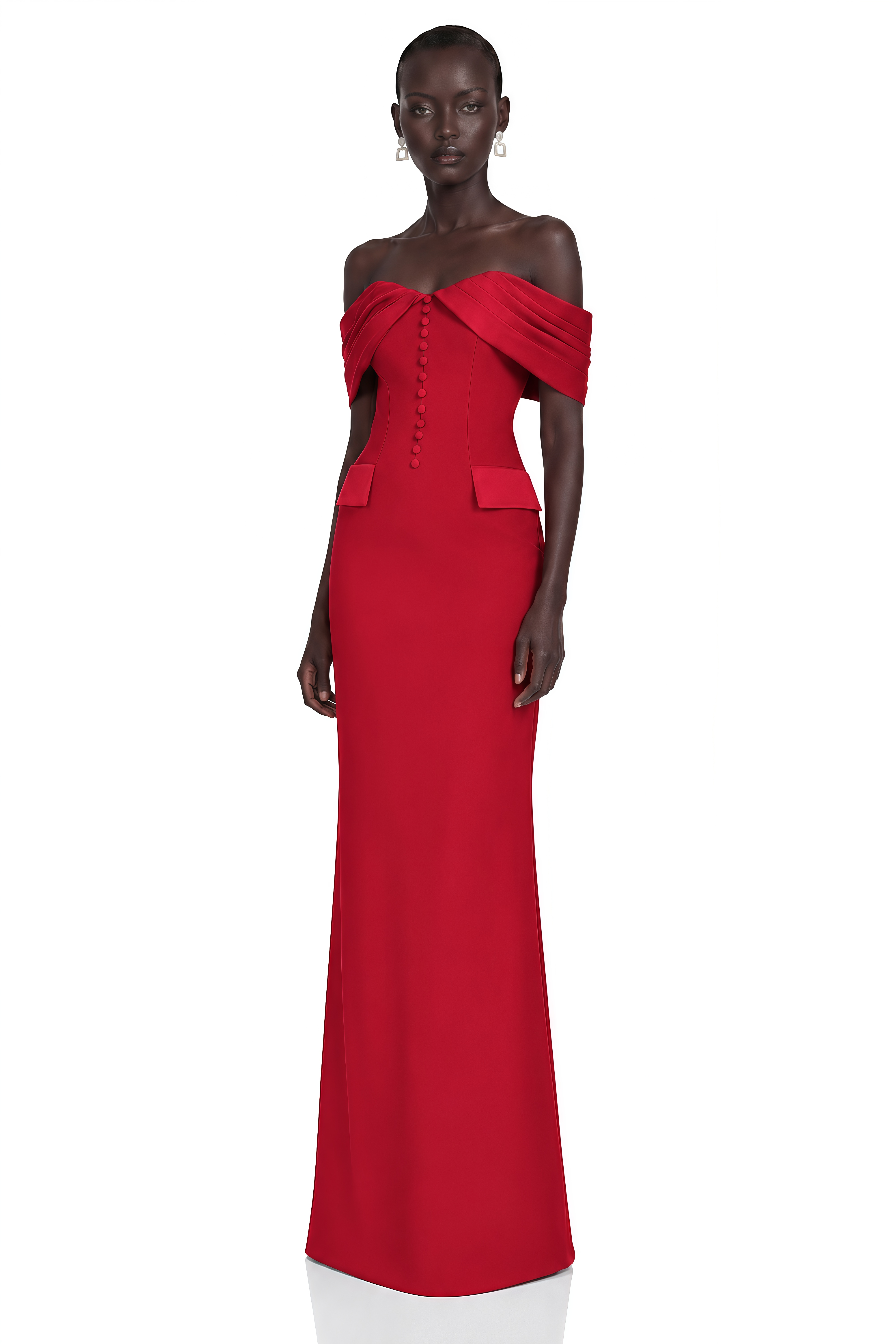 Demetria Red Off Shoulder Maxi Dress with Button Detail