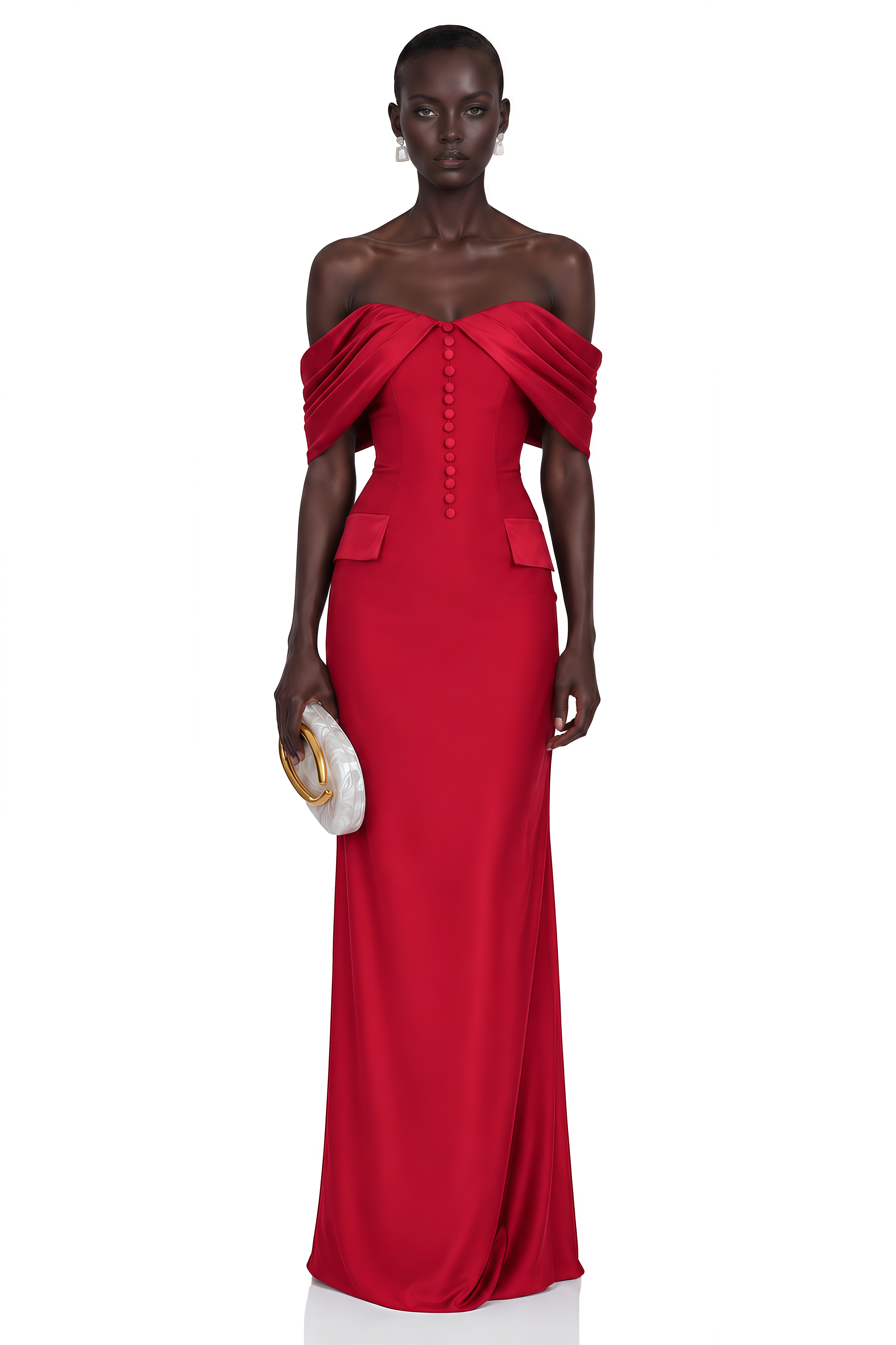 Demetria Red Off Shoulder Maxi Dress with Button Detail
