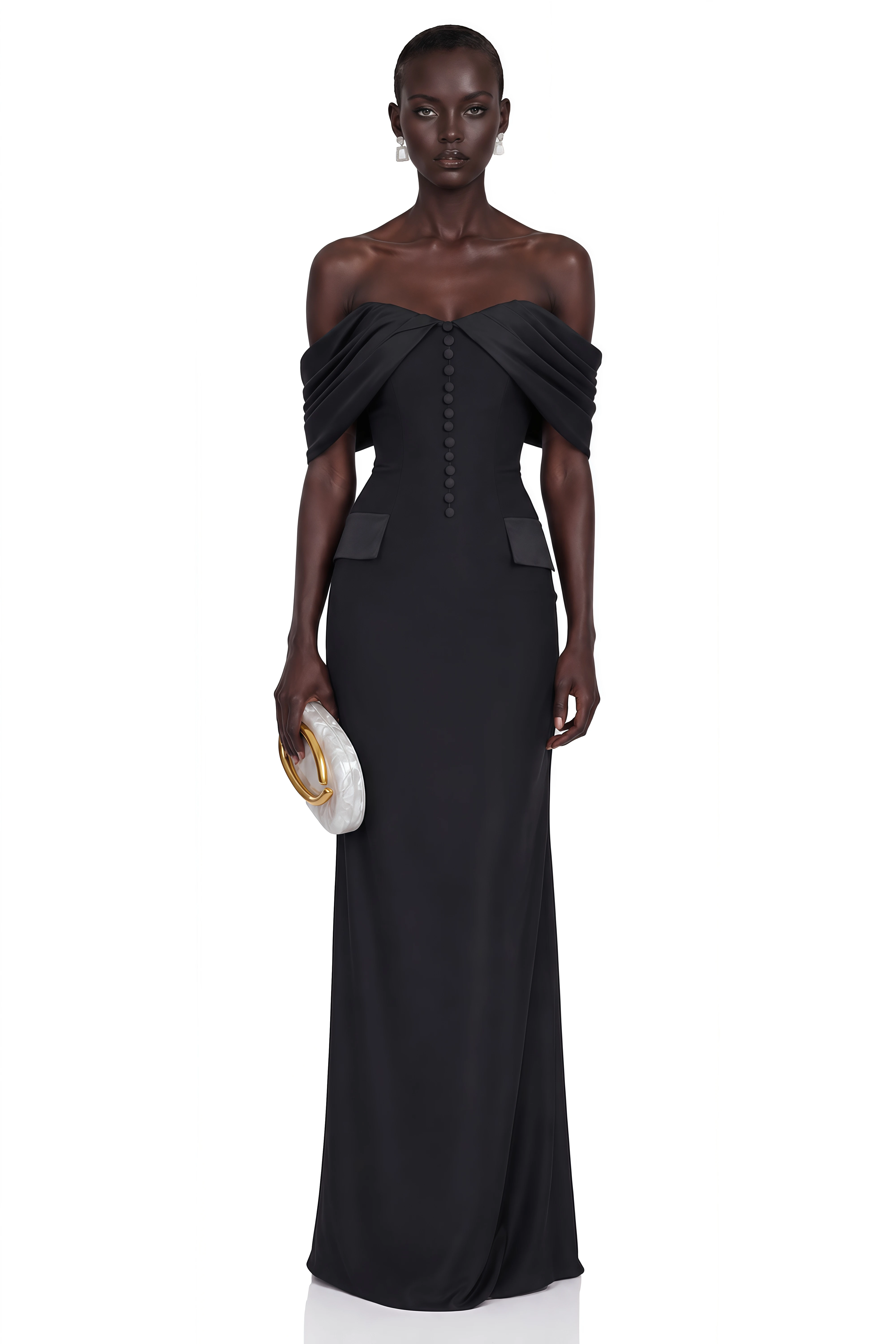 Demetria Black Off Shoulder Maxi Dress with Button Detail