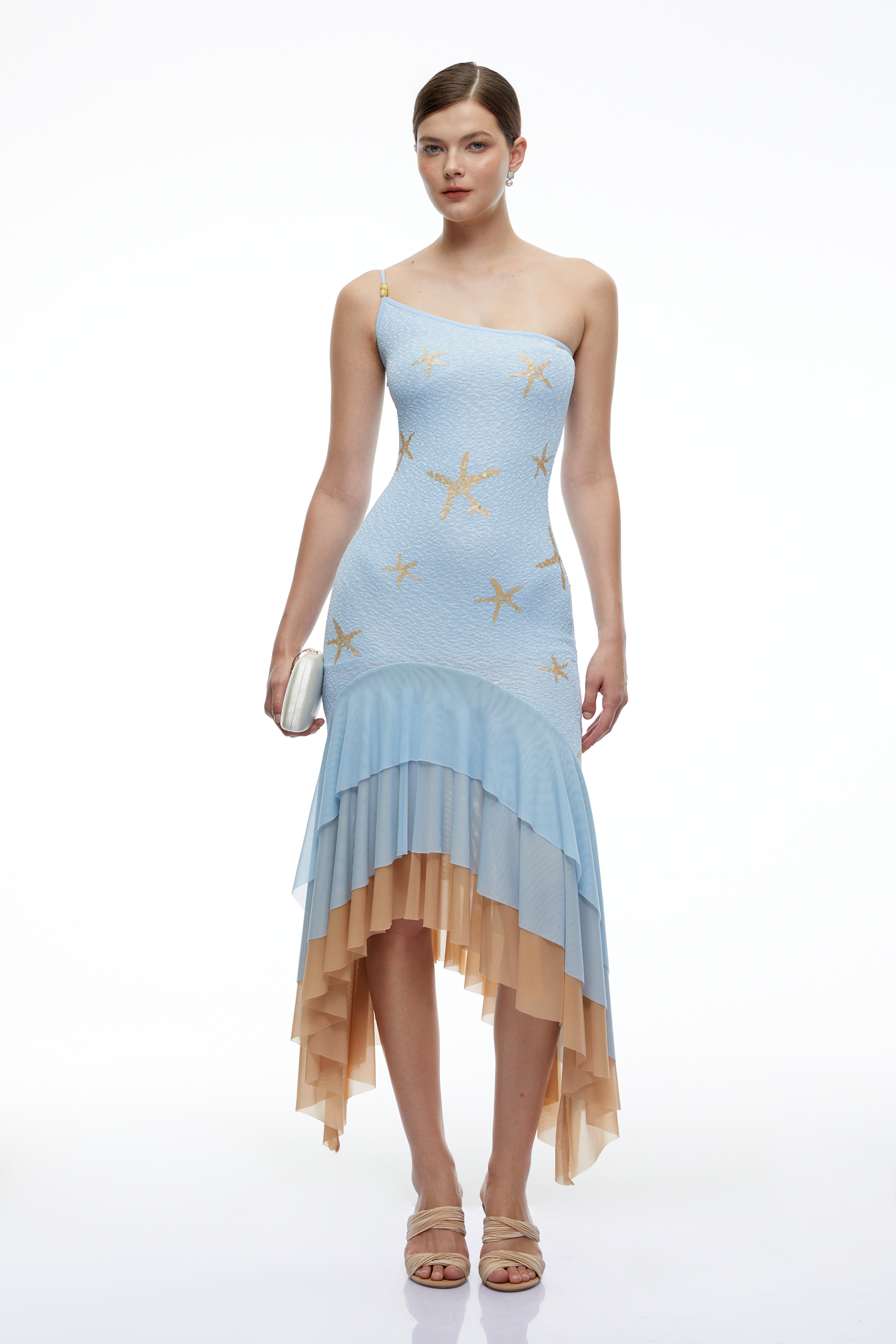 Denise Blue Starfish Print One Shoulder Mini Dress