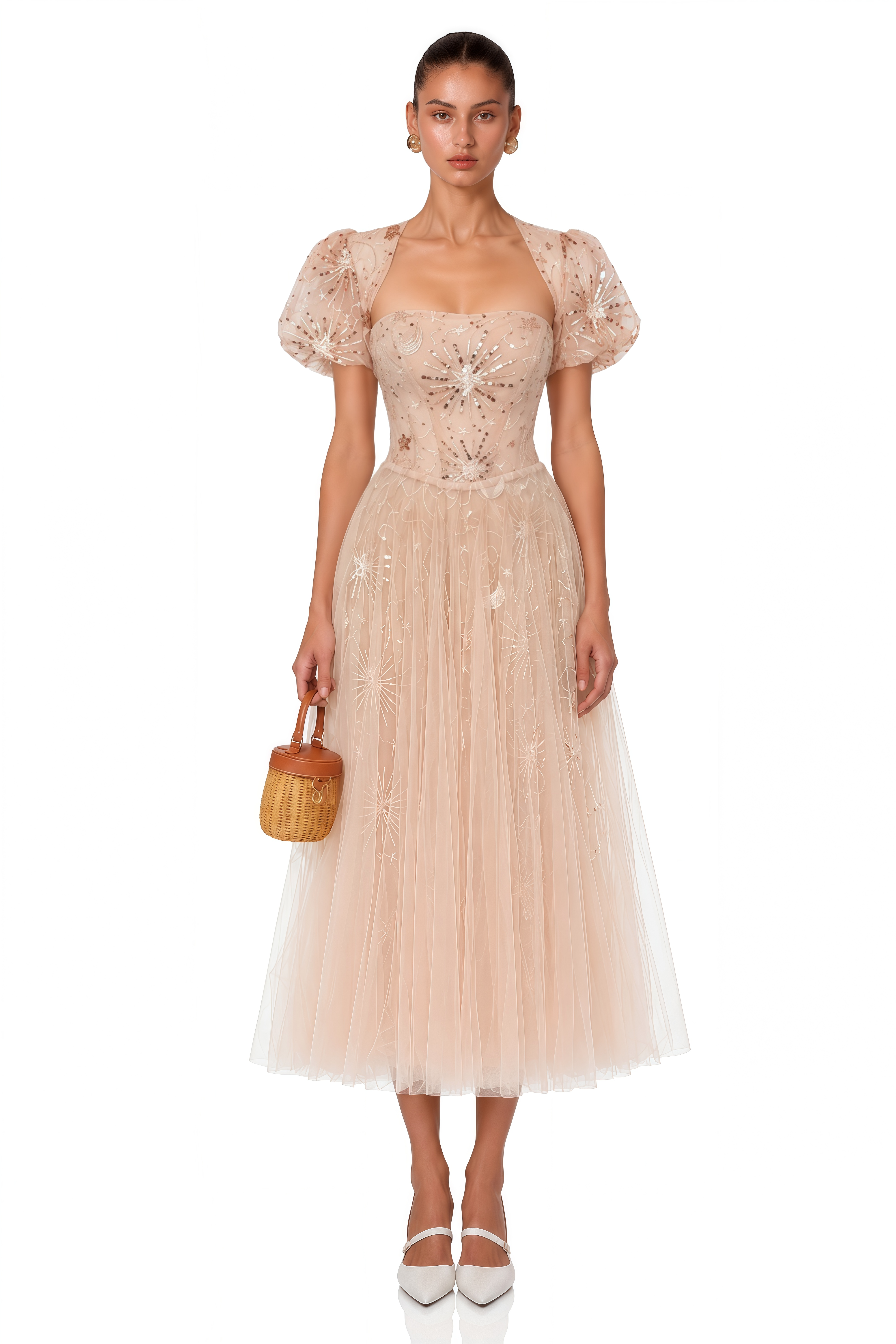 Desdemona Pink Embellished Tulle Midi Dress