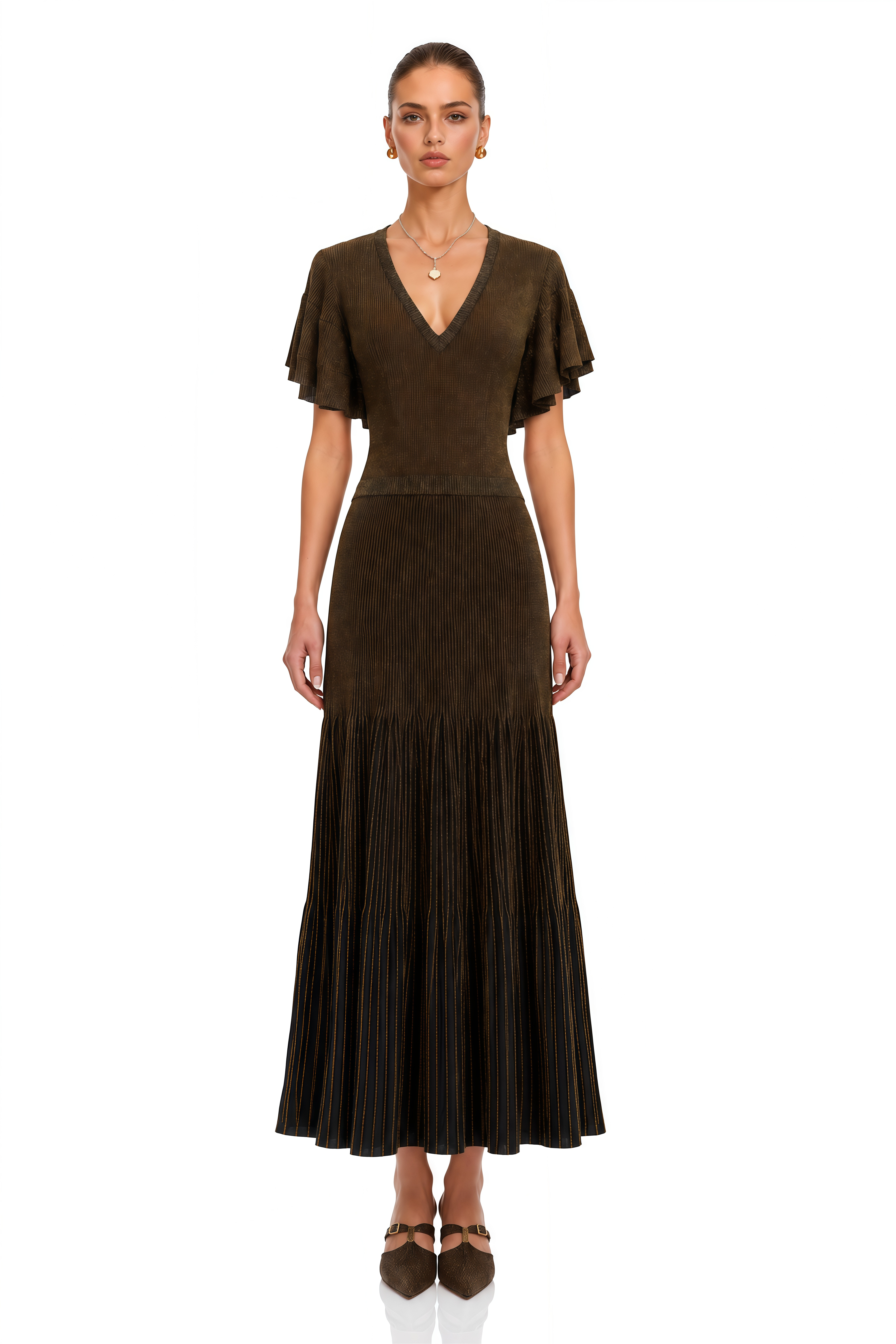 Desiree Brown V Neck Ruffle Sleeve Knit Maxi Dress