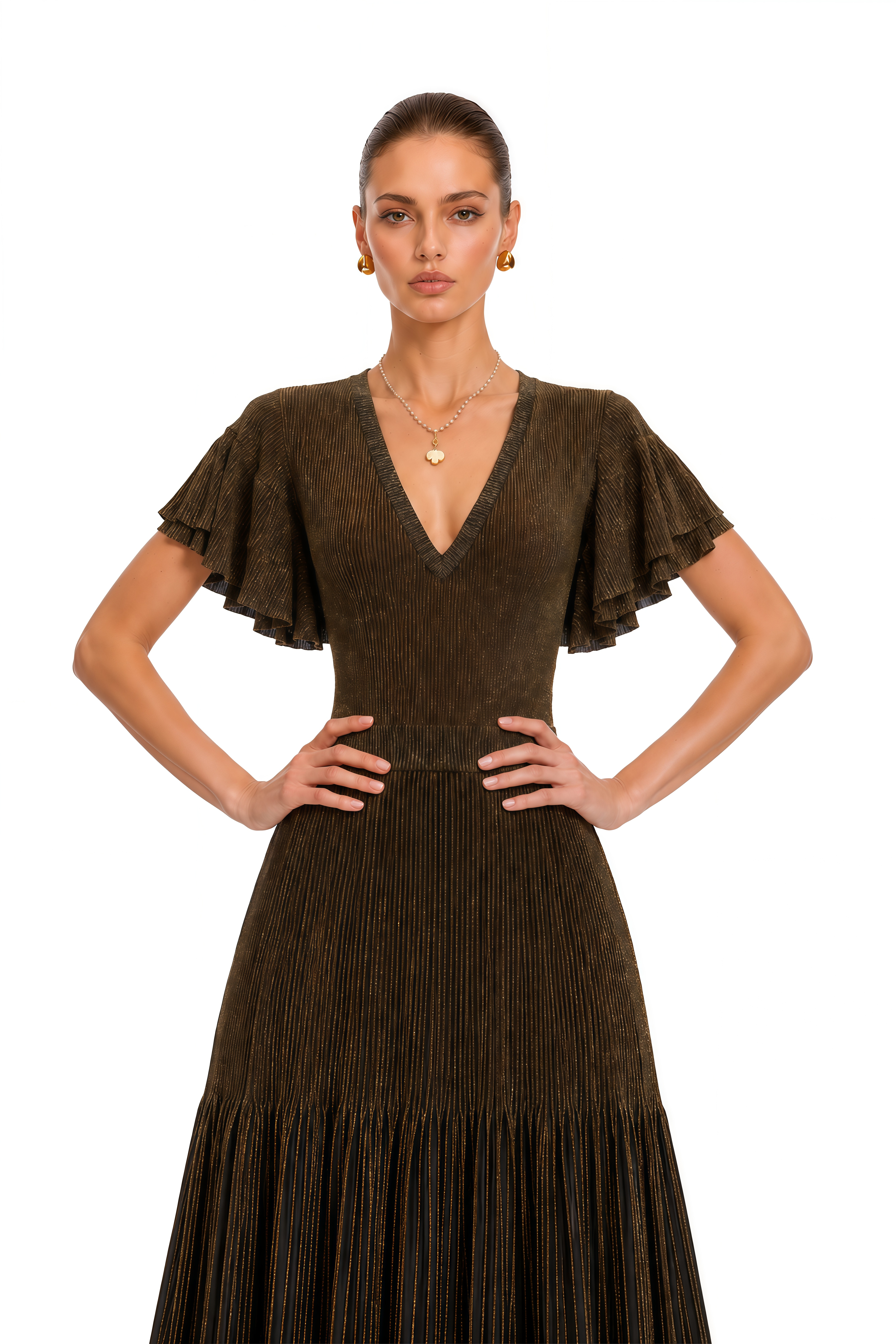 Desiree Brown V Neck Ruffle Sleeve Knit Maxi Dress