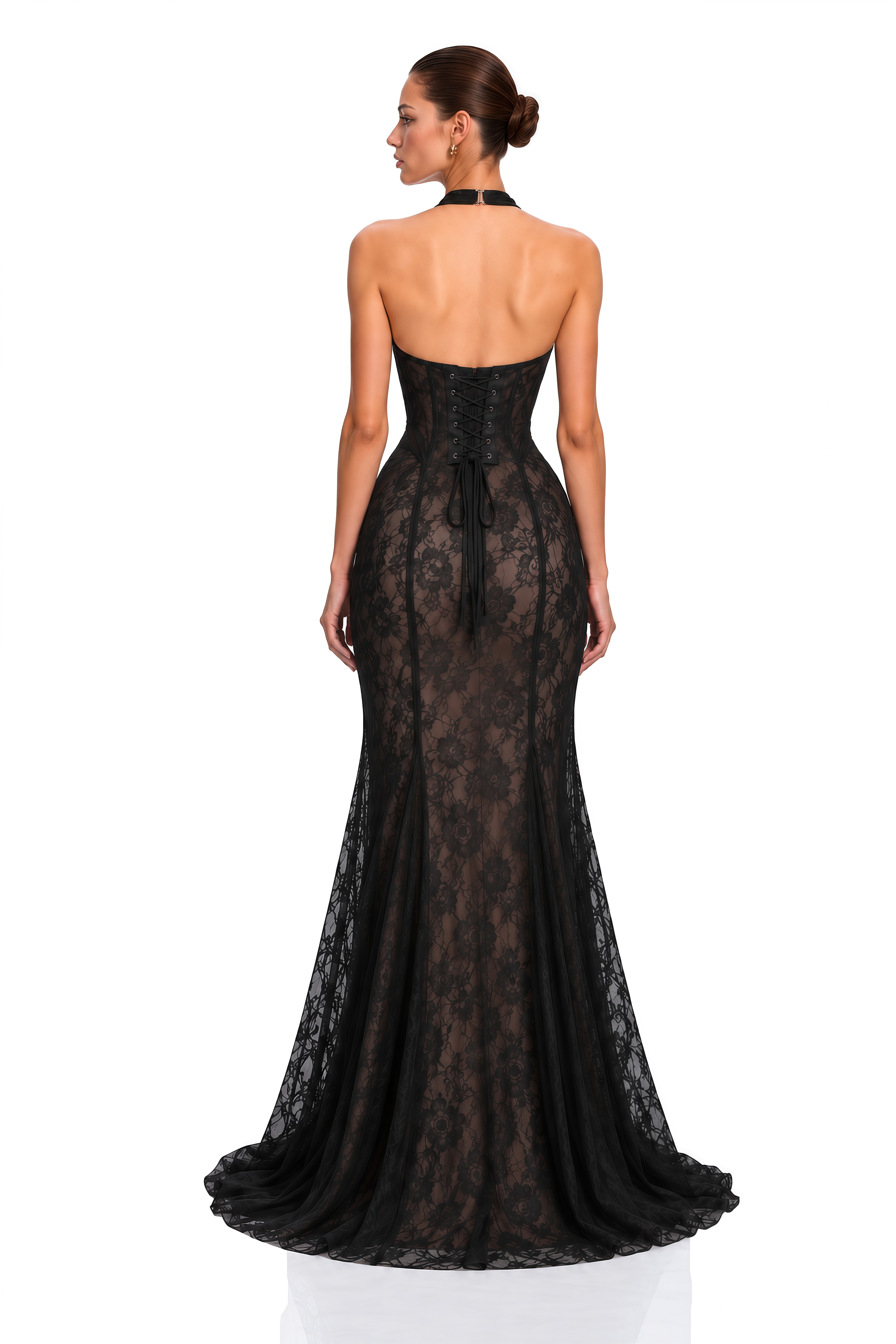 Dhara Black Lace Halterneck Corset Maxi Dress