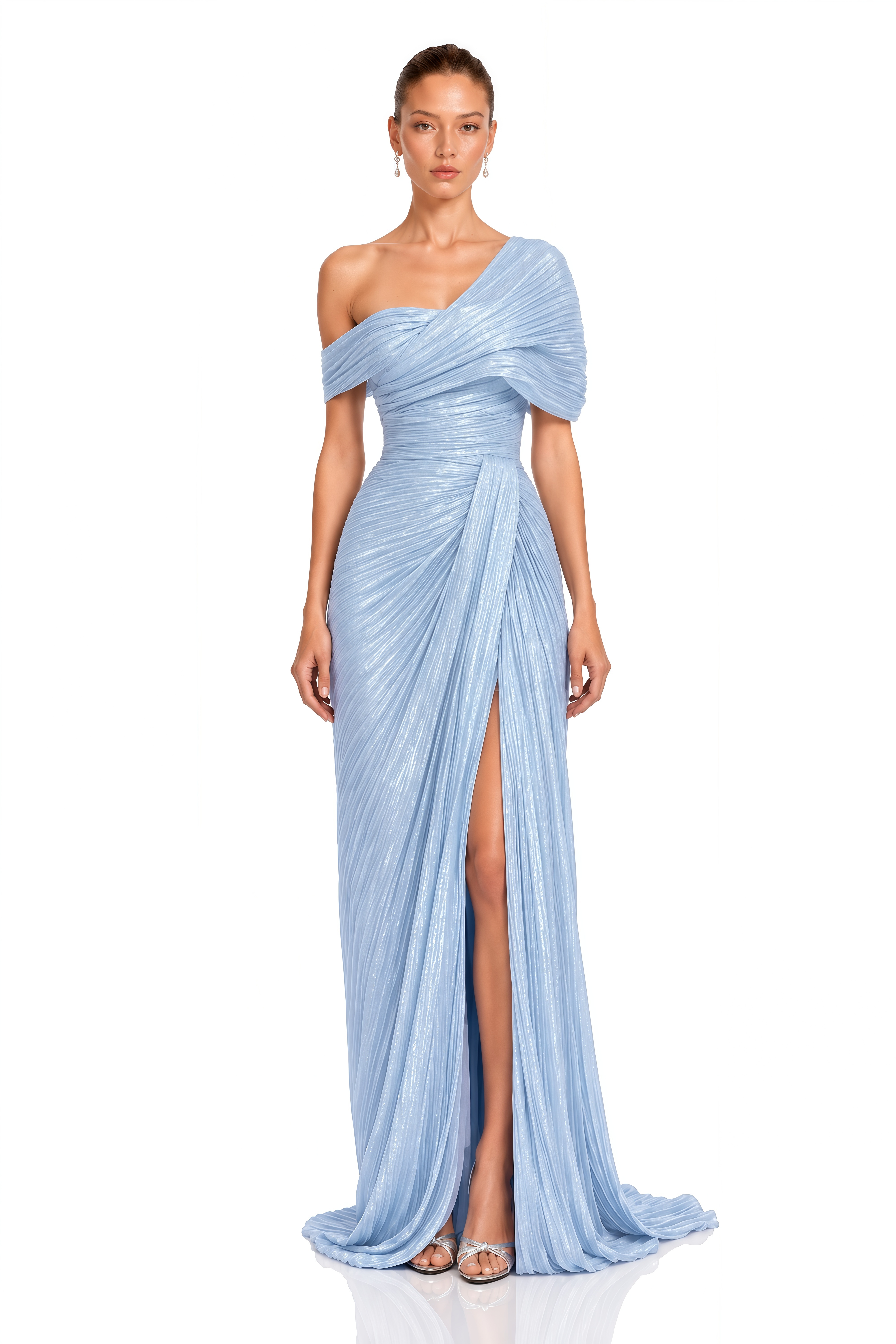 Diantha Light Blue One Shoulder Pleated Maxi Dress