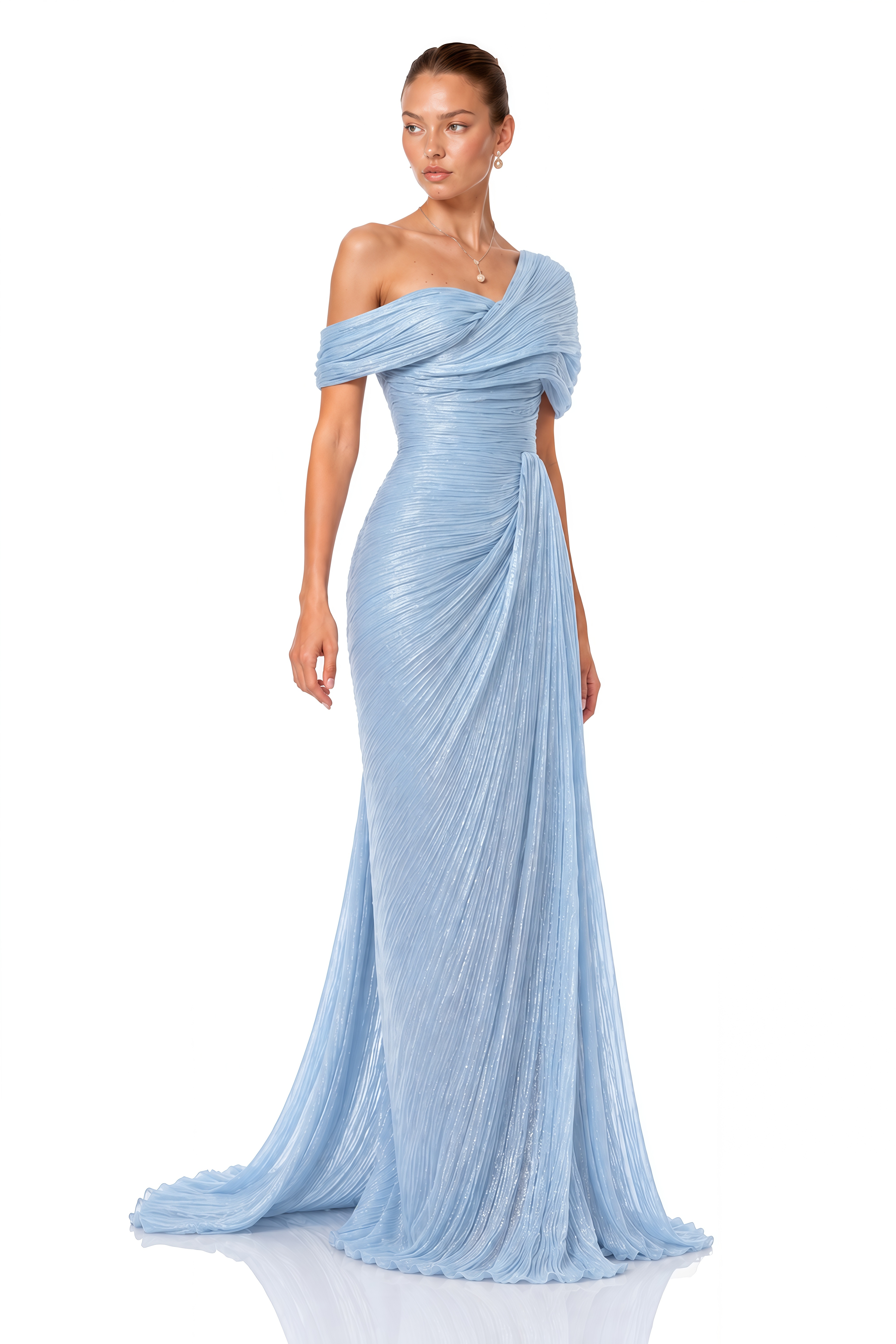 Diantha Light Blue One Shoulder Pleated Maxi Dress