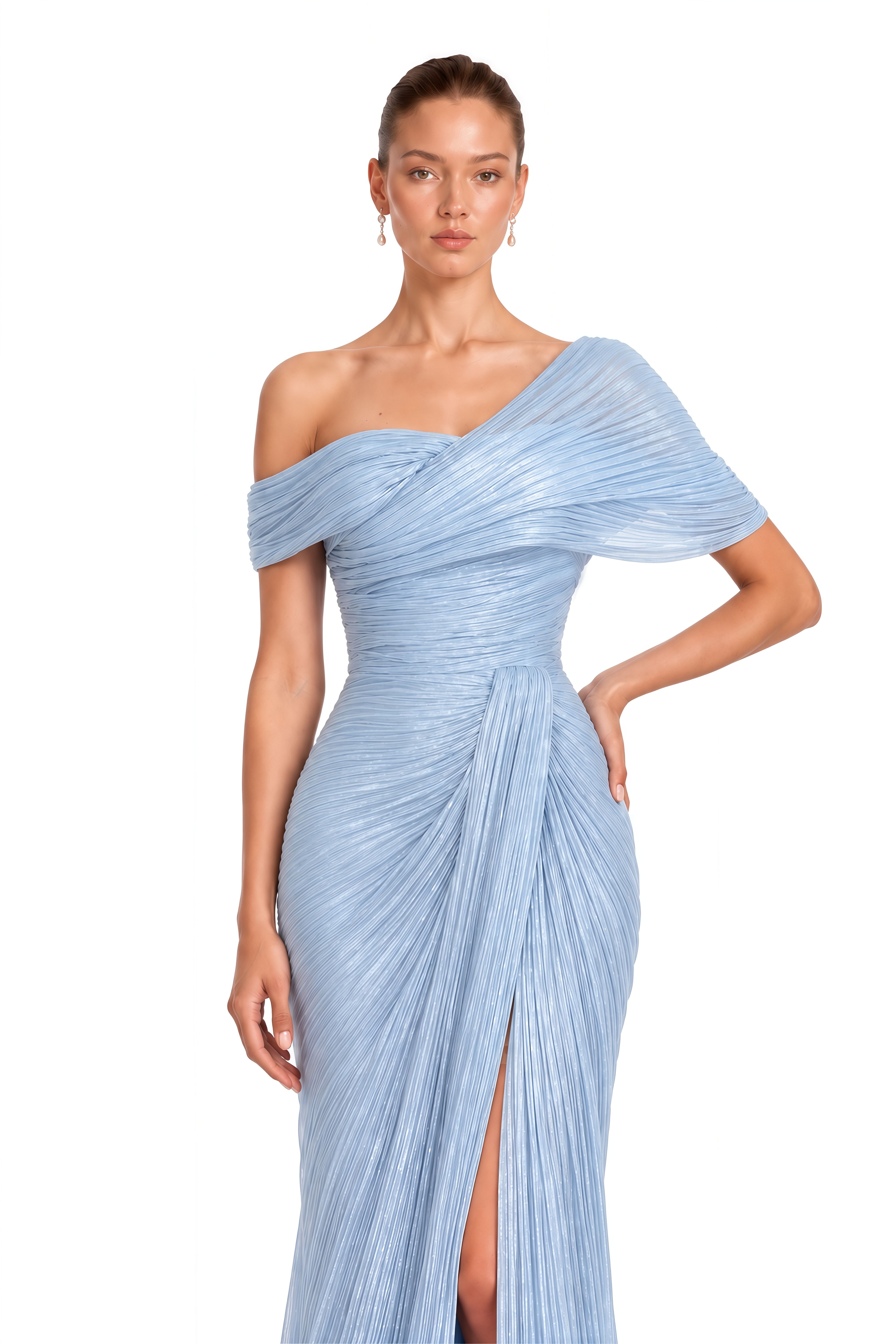 Diantha Light Blue One Shoulder Pleated Maxi Dress