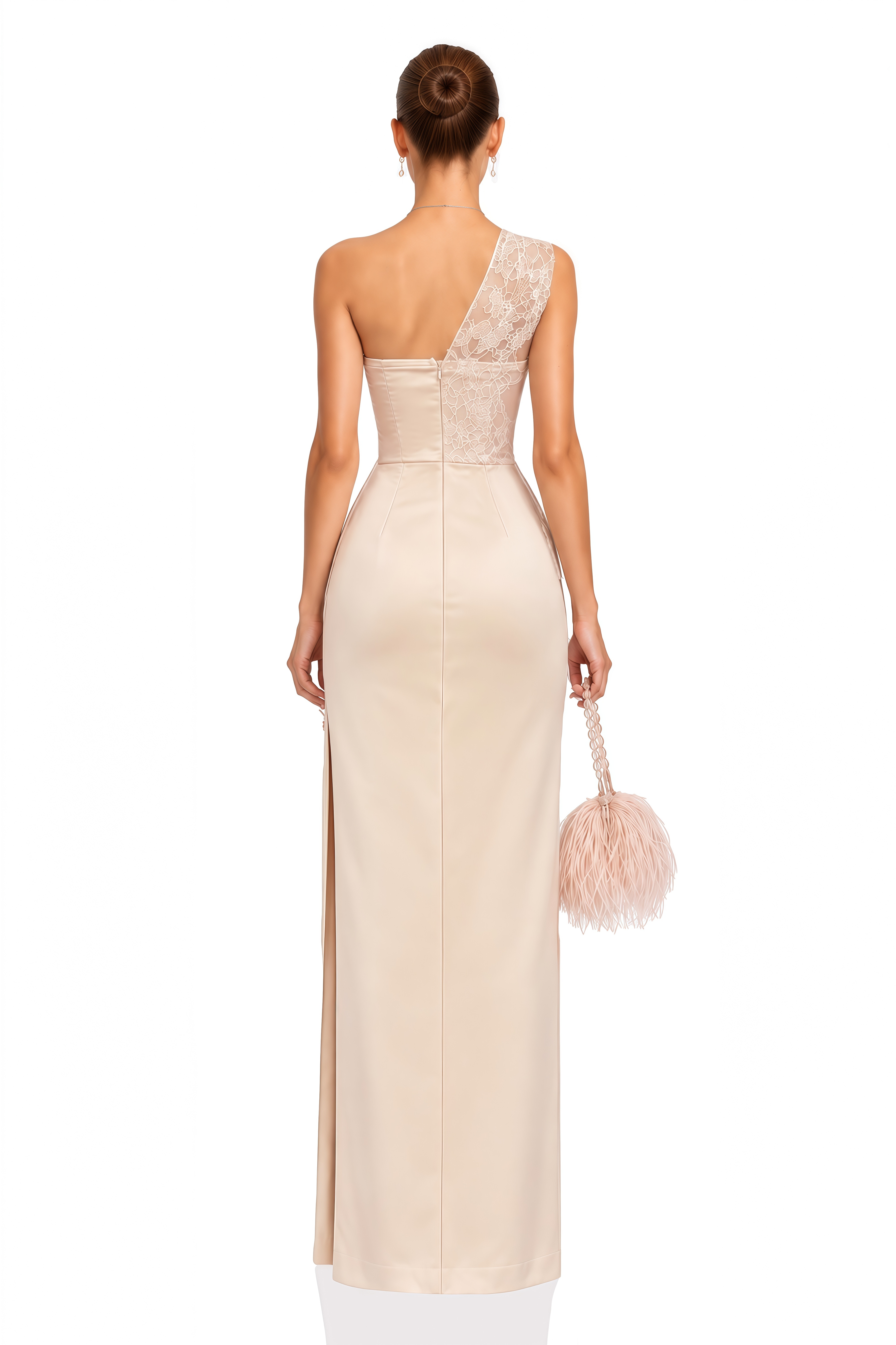 Dilara Champagne One Shoulder Lace Satin Maxi Dress
