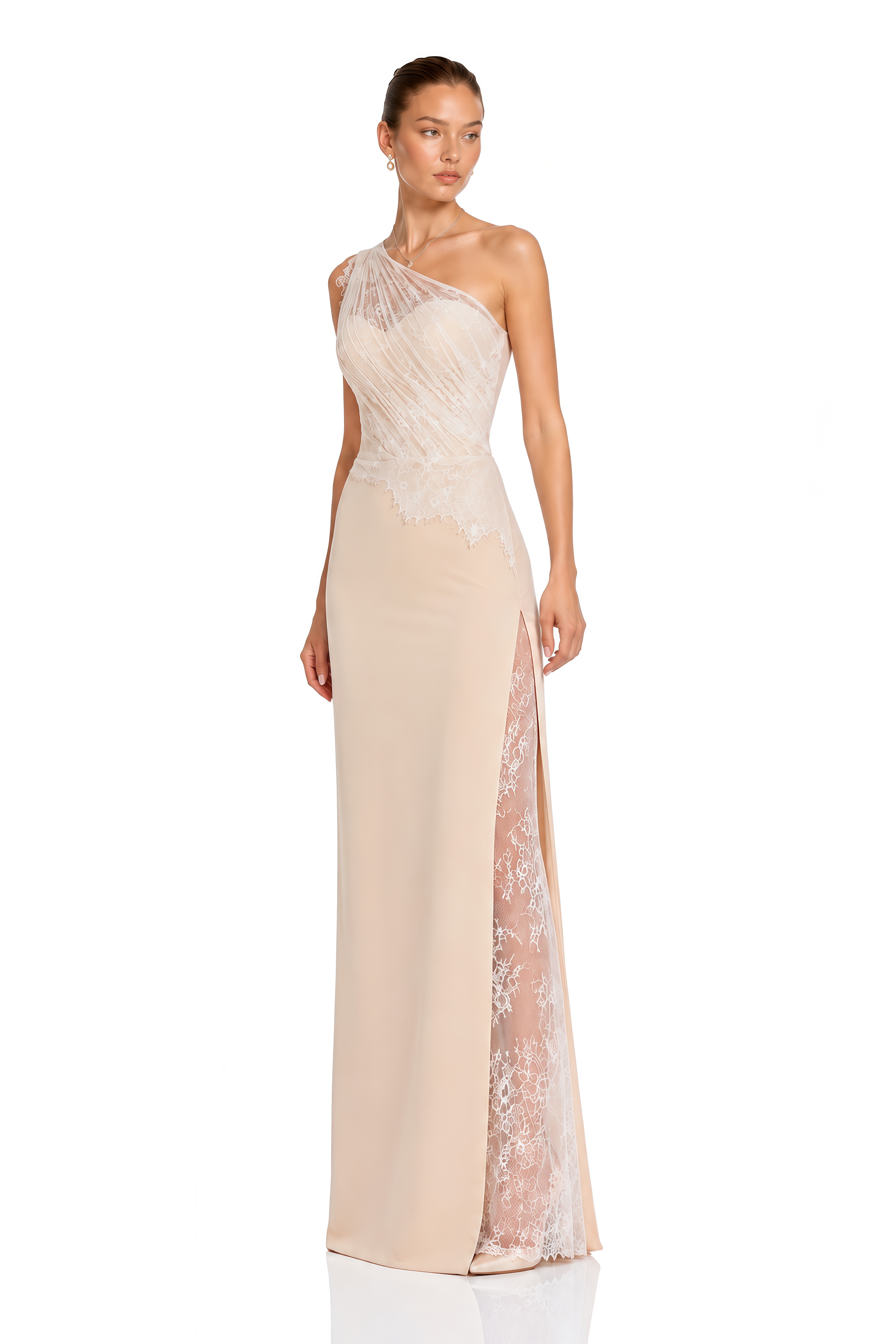 Dilara Champagne One Shoulder Lace Satin Maxi Dress