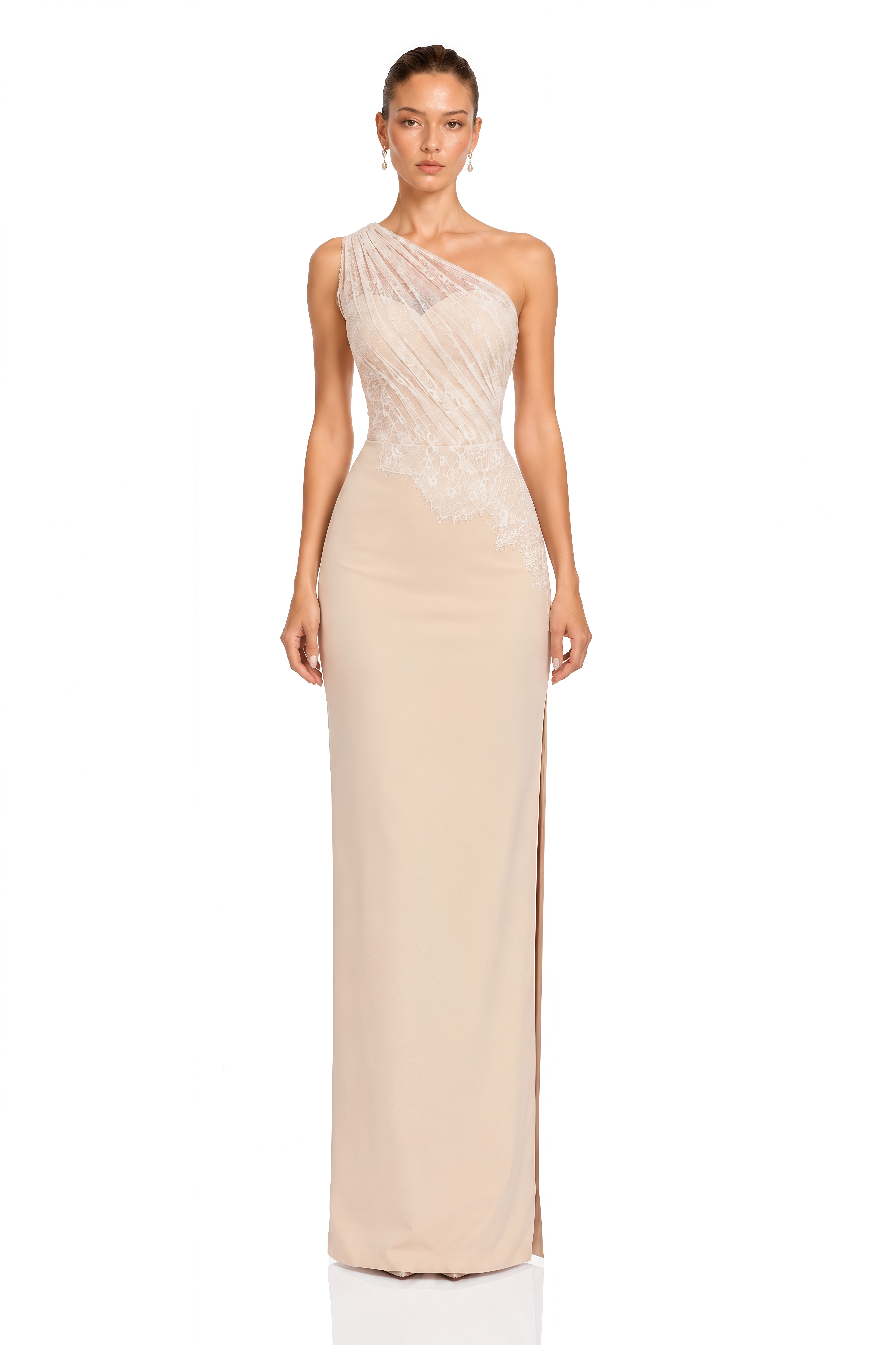Dilara Champagne One Shoulder Lace Satin Maxi Dress