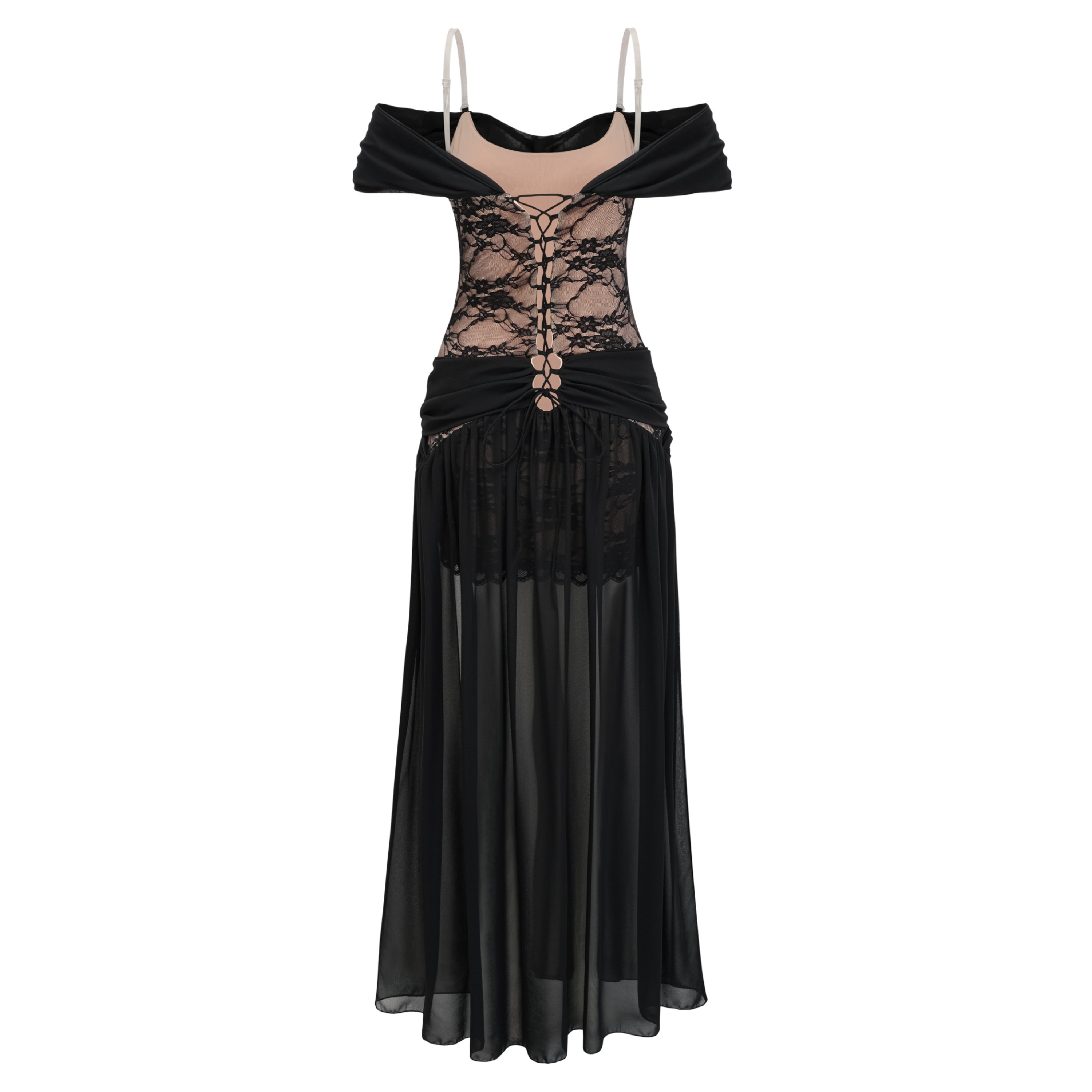Dildar Black Cross Front Maxi Dress with Lace Panels – Miss Rosier