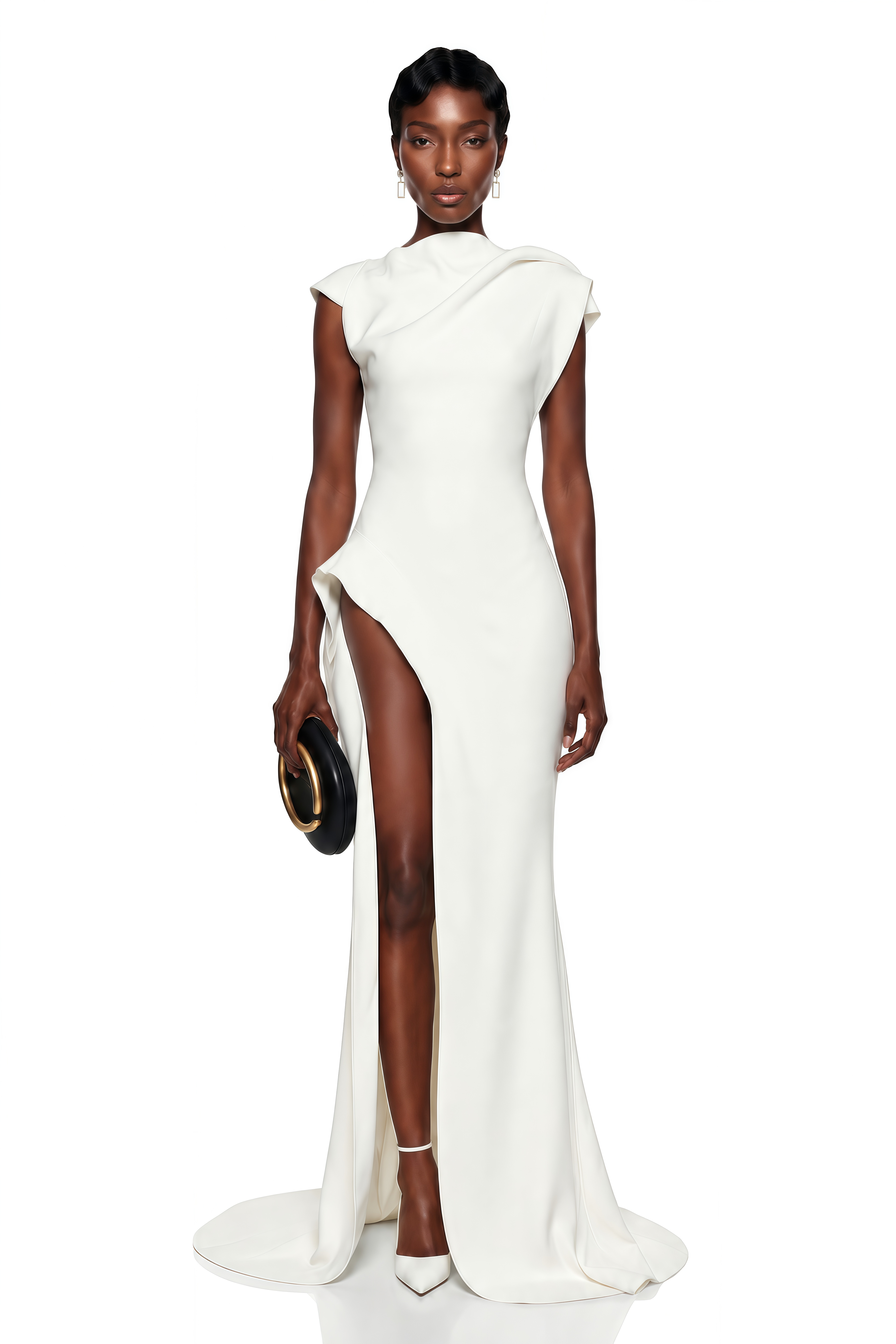 Dilek White Mock Neck Maxi Dress with High Slit