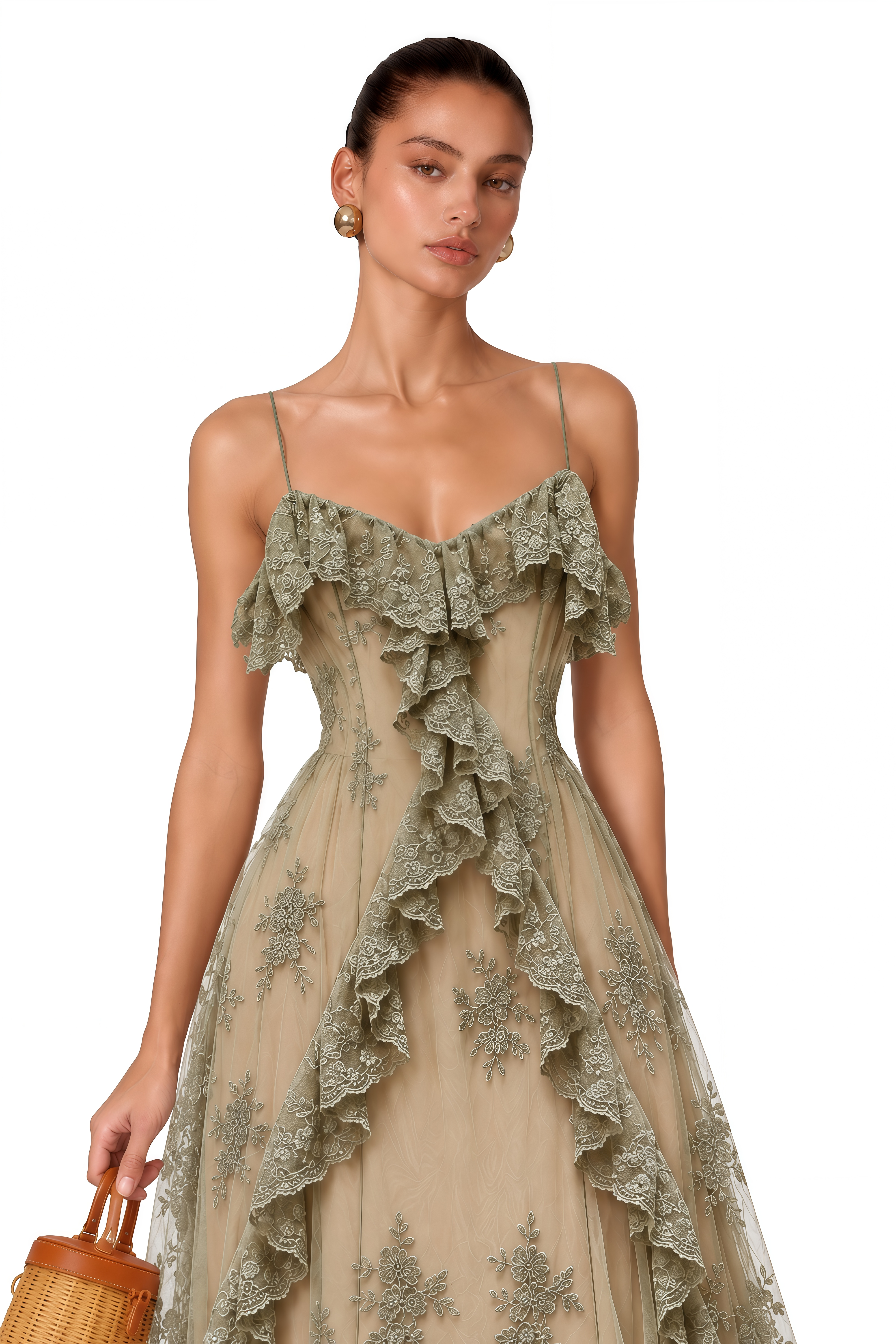 Diora Sage Green Floral Lace Ruffle Maxi Dress