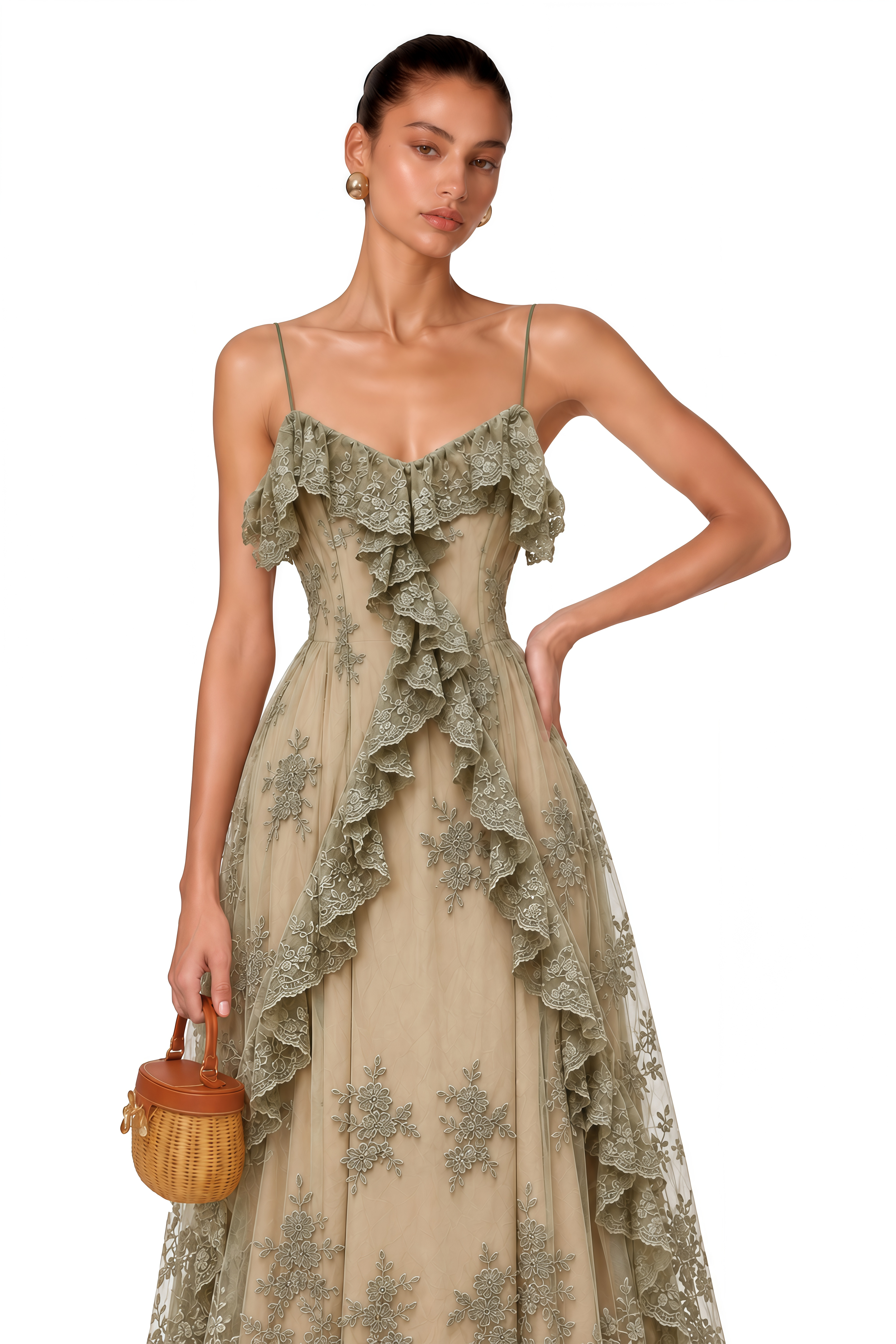 Diora Sage Green Floral Lace Ruffle Maxi Dress