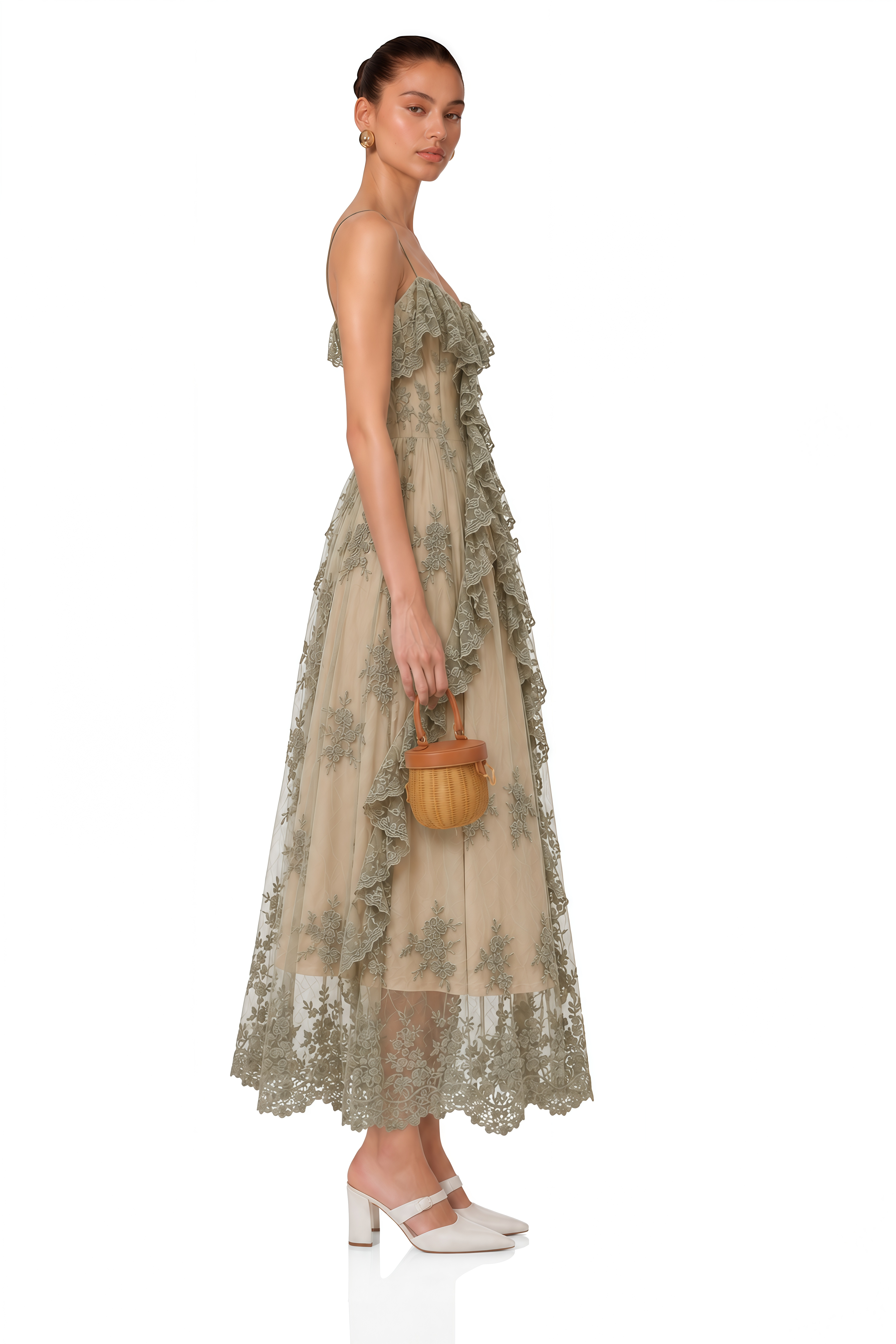 Diora Sage Green Floral Lace Ruffle Maxi Dress