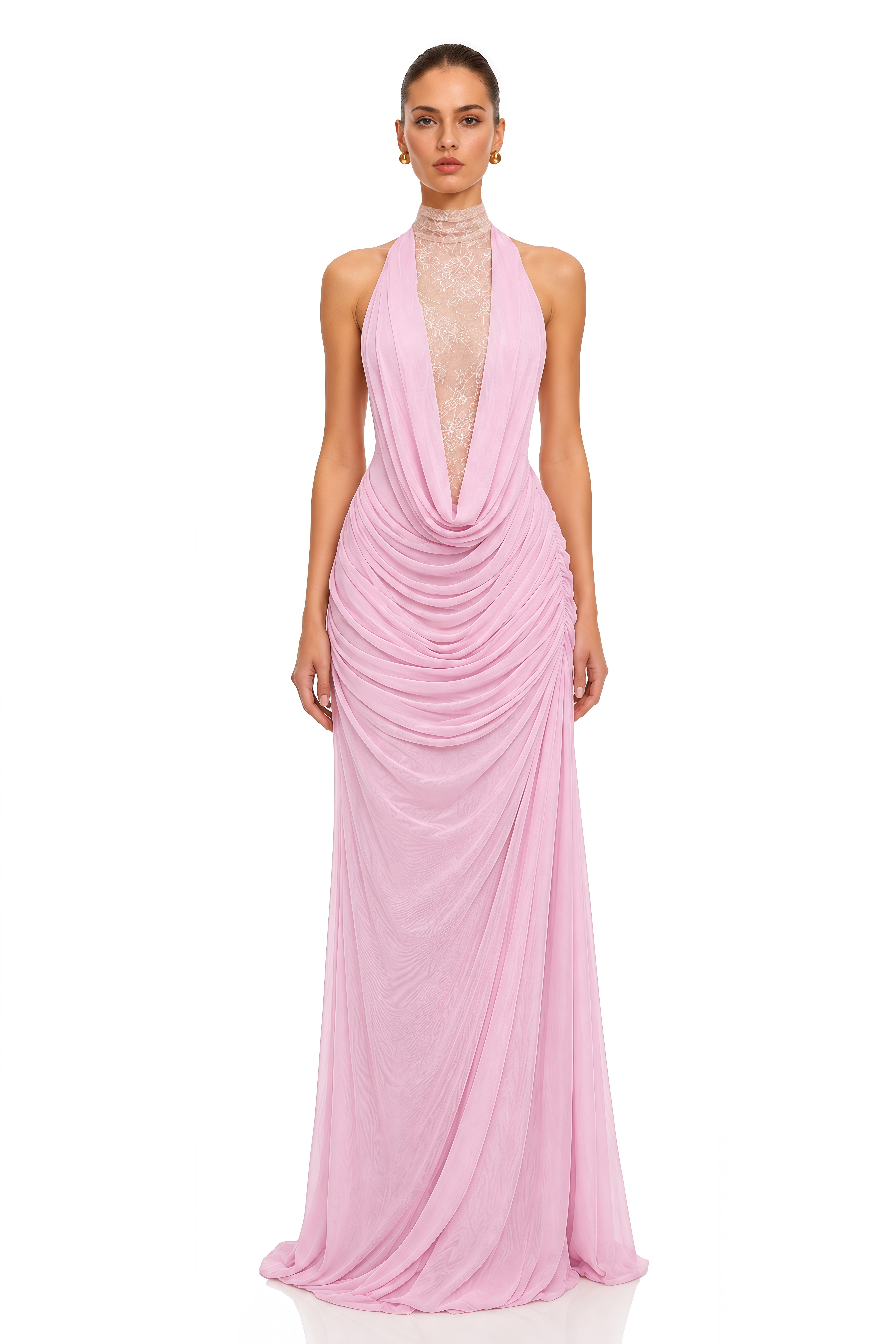 Ditya Pink Lace Halter Ruched Maxi Dress