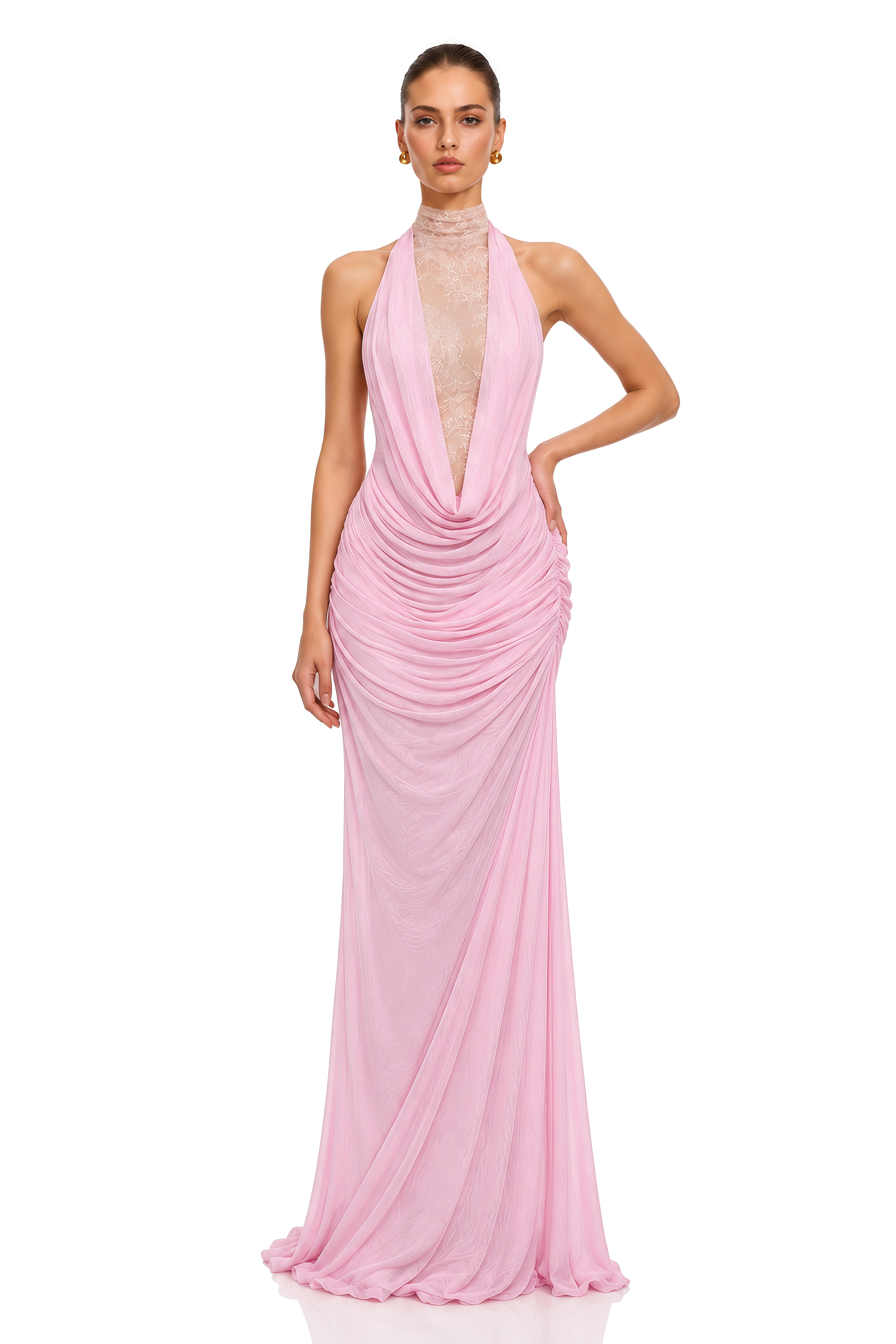 Ditya Pink Lace Halter Ruched Maxi Dress