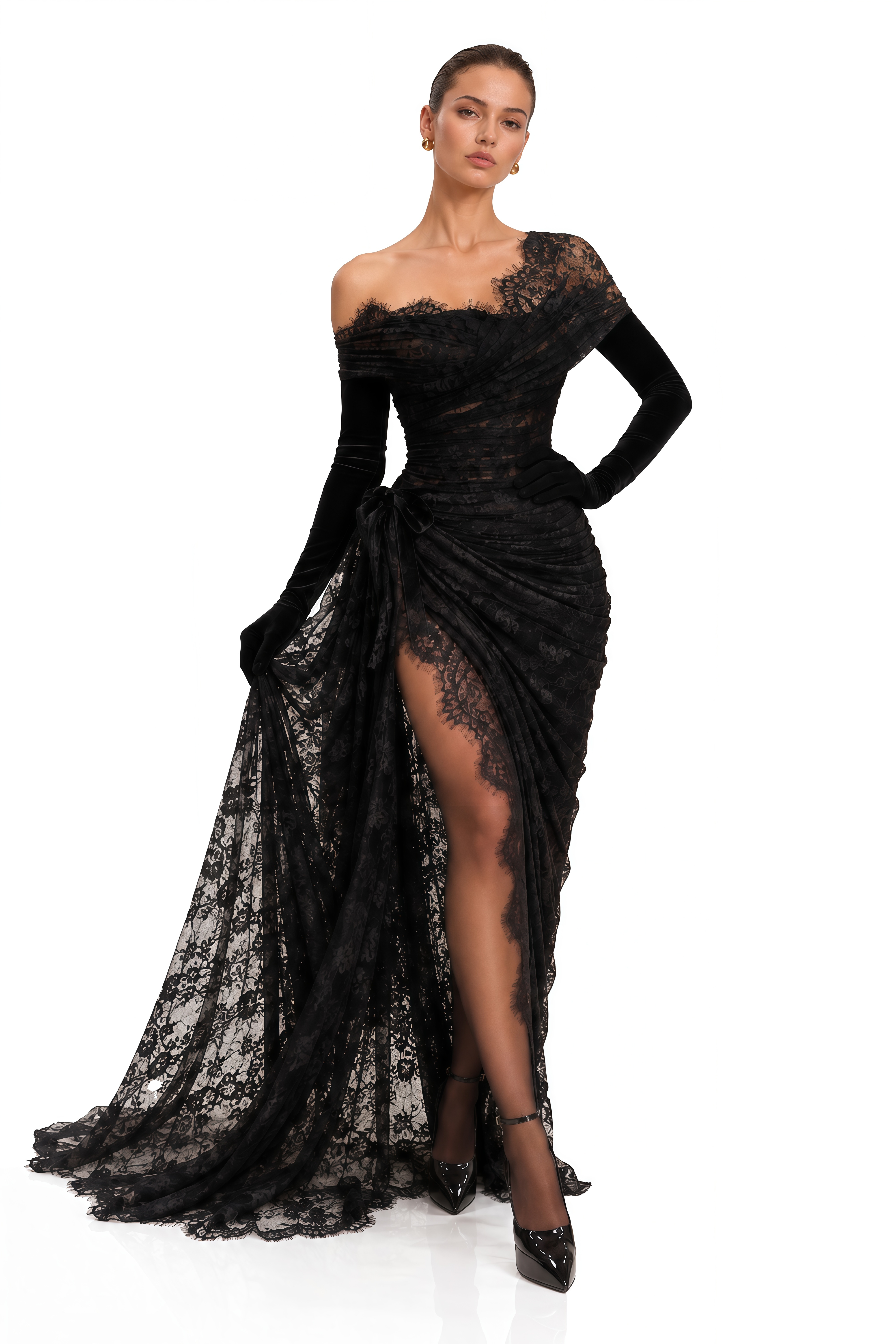 Dolores Black Lace Draped One Shoulder Maxi Dress