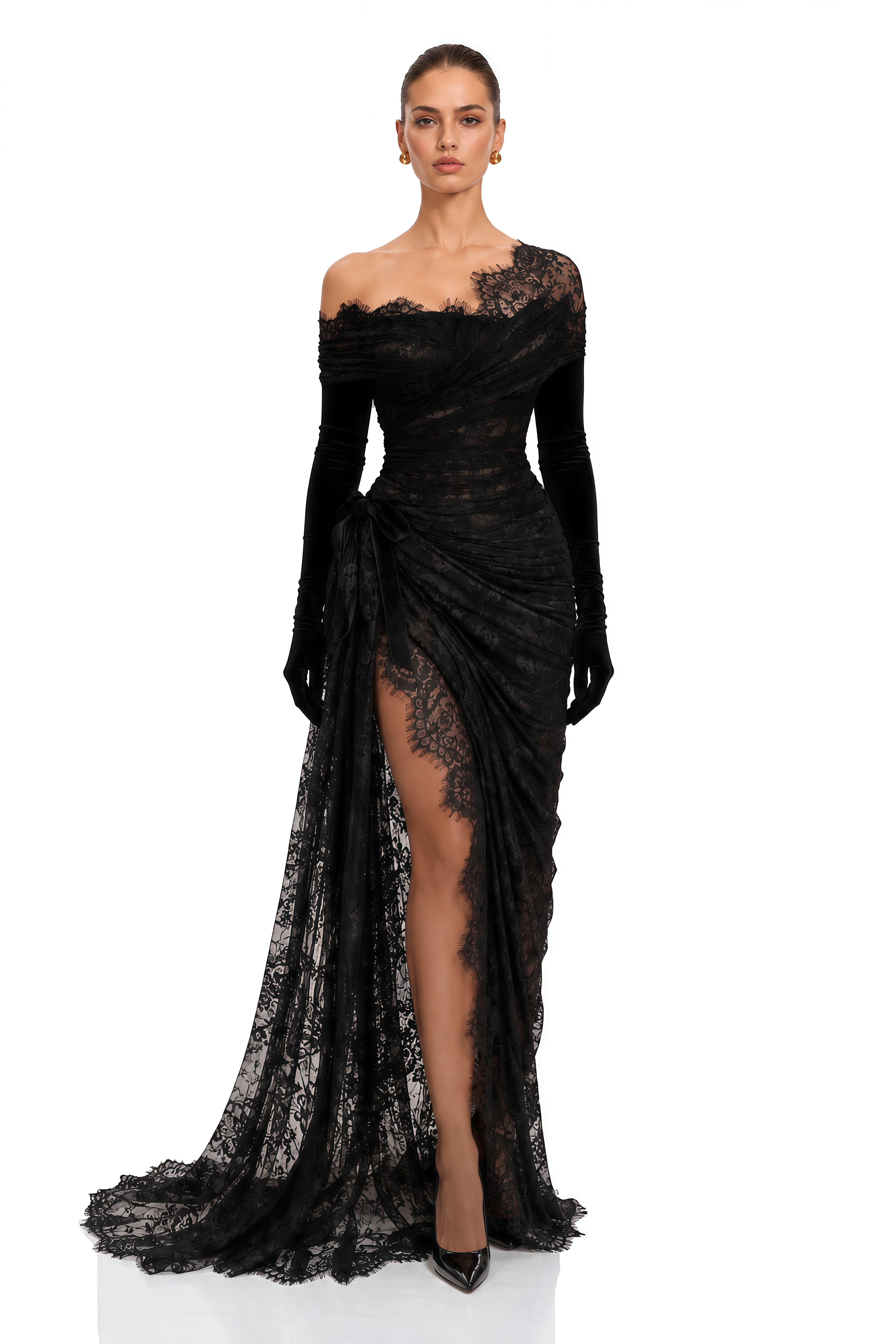 Dolores Black Lace Draped One Shoulder Maxi Dress