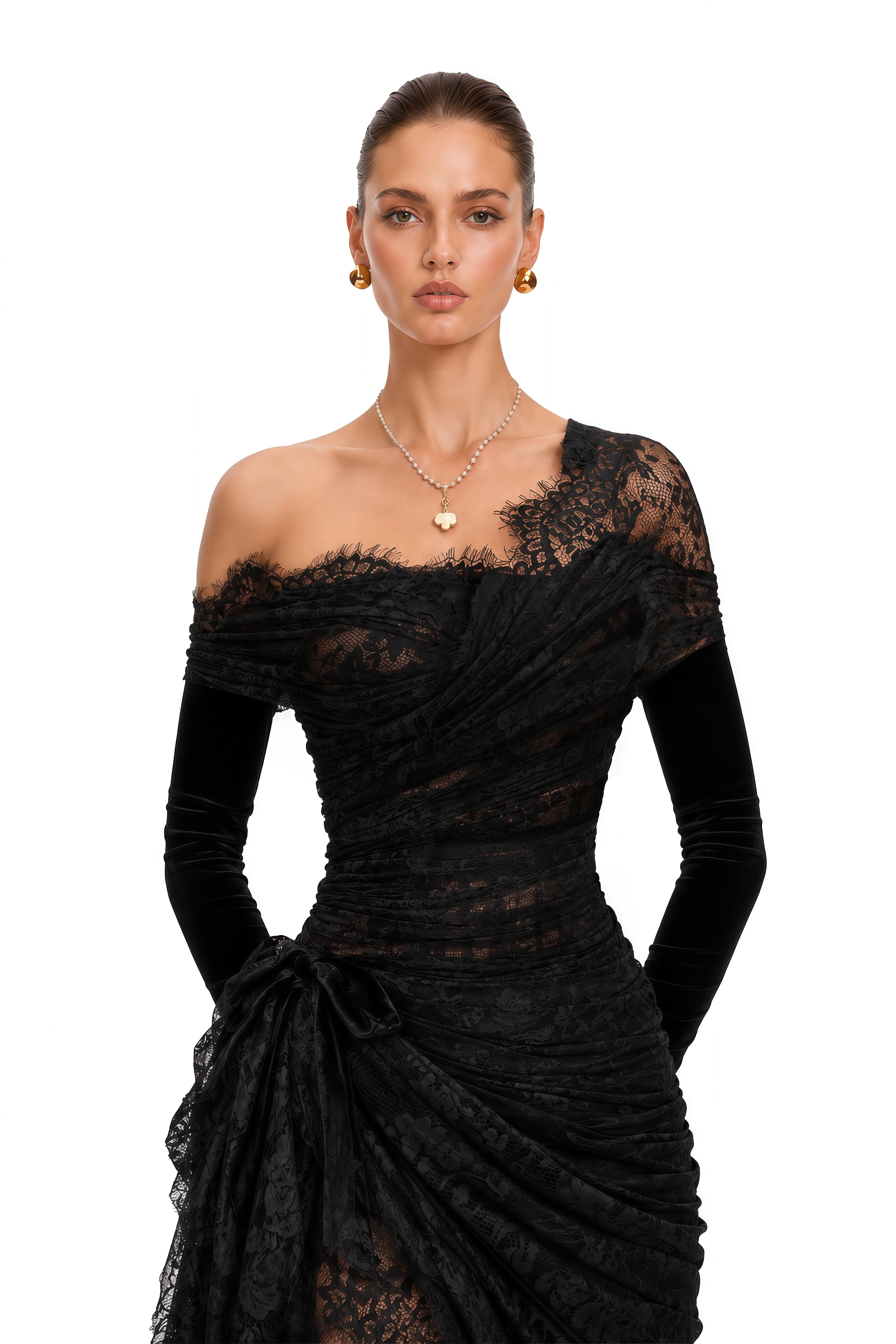 Dolores Black Lace Draped One Shoulder Maxi Dress