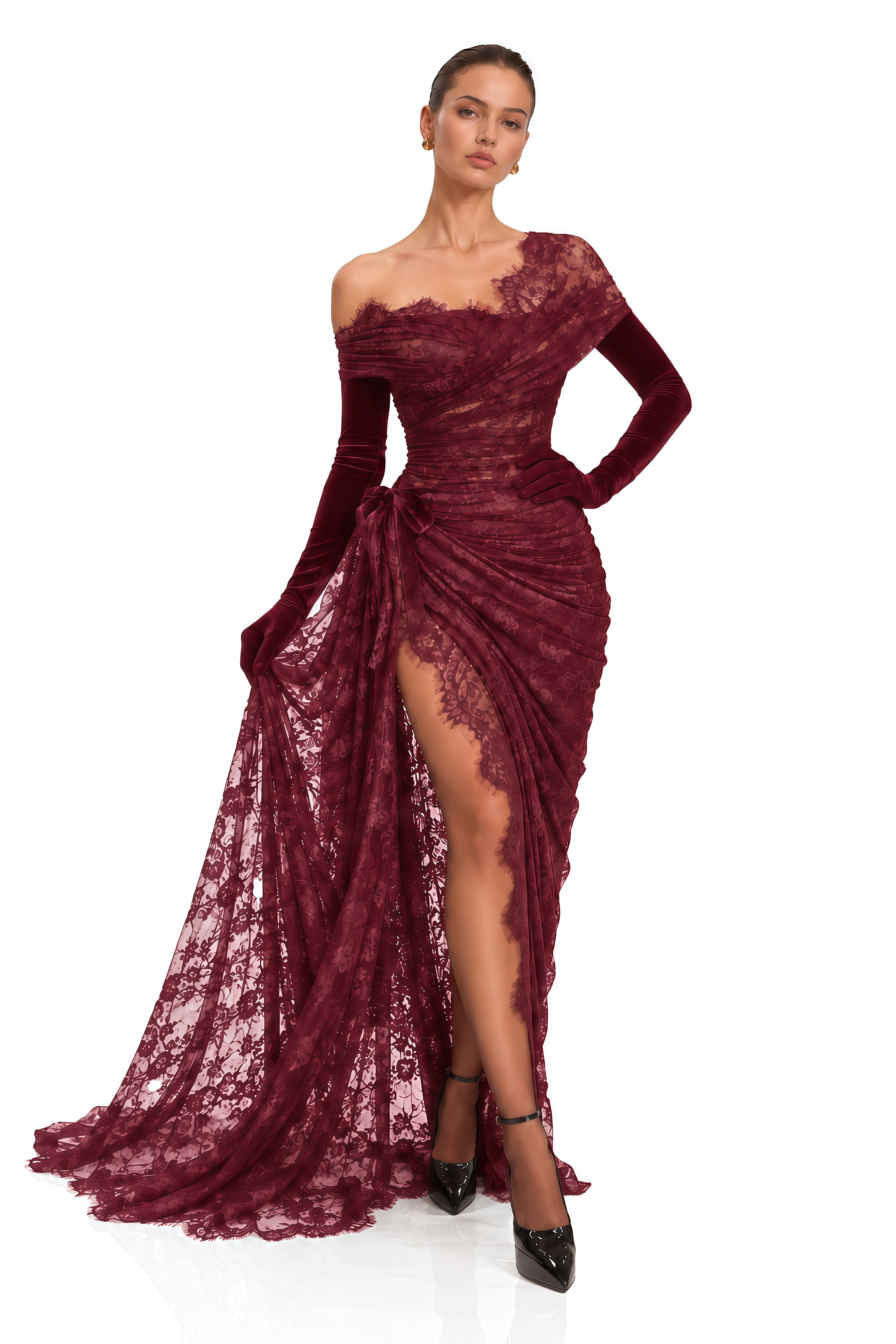 Dolores Burgundy Lace Draped One Shoulder Maxi Dress