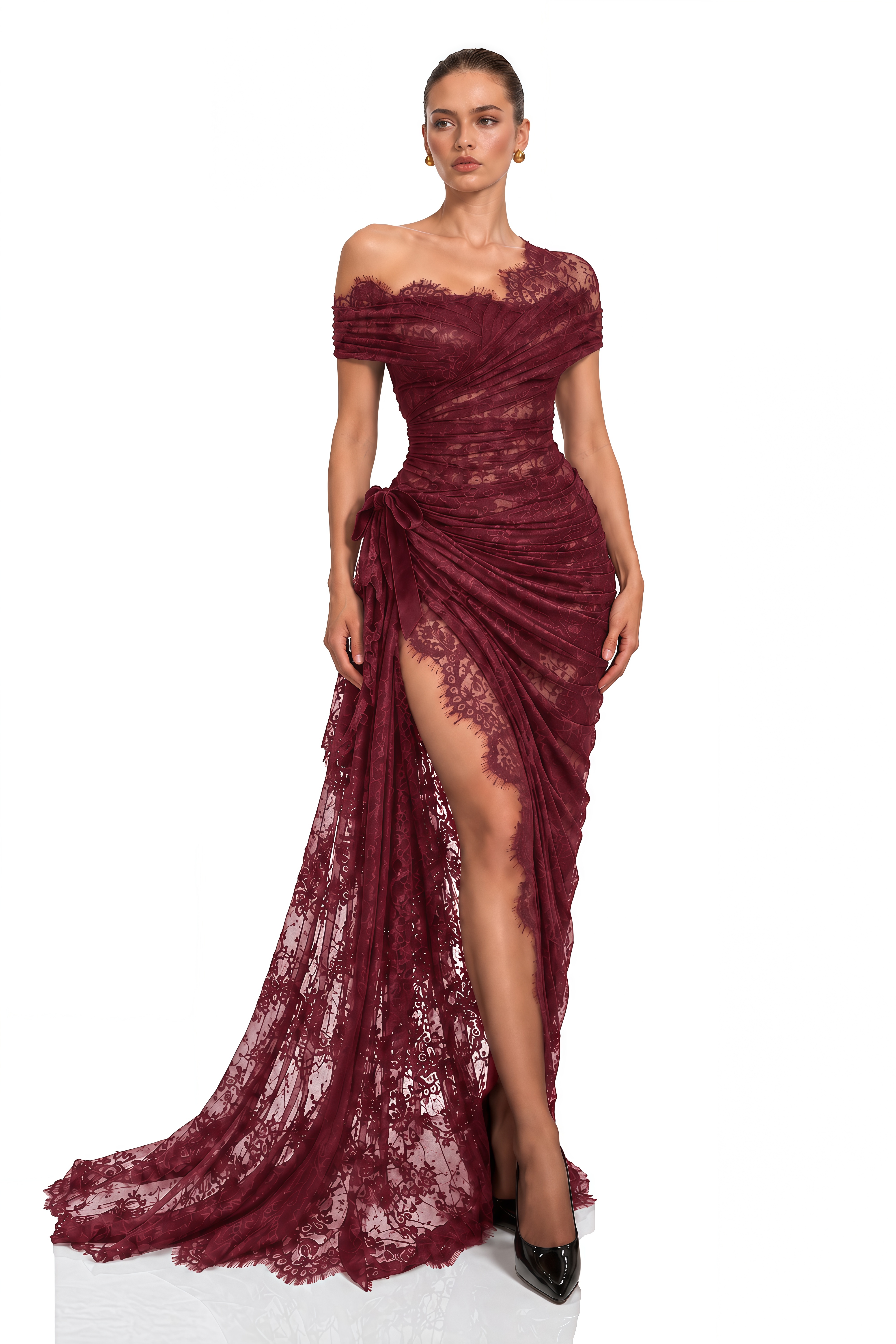Dolores Burgundy Lace Draped One Shoulder Maxi Dress