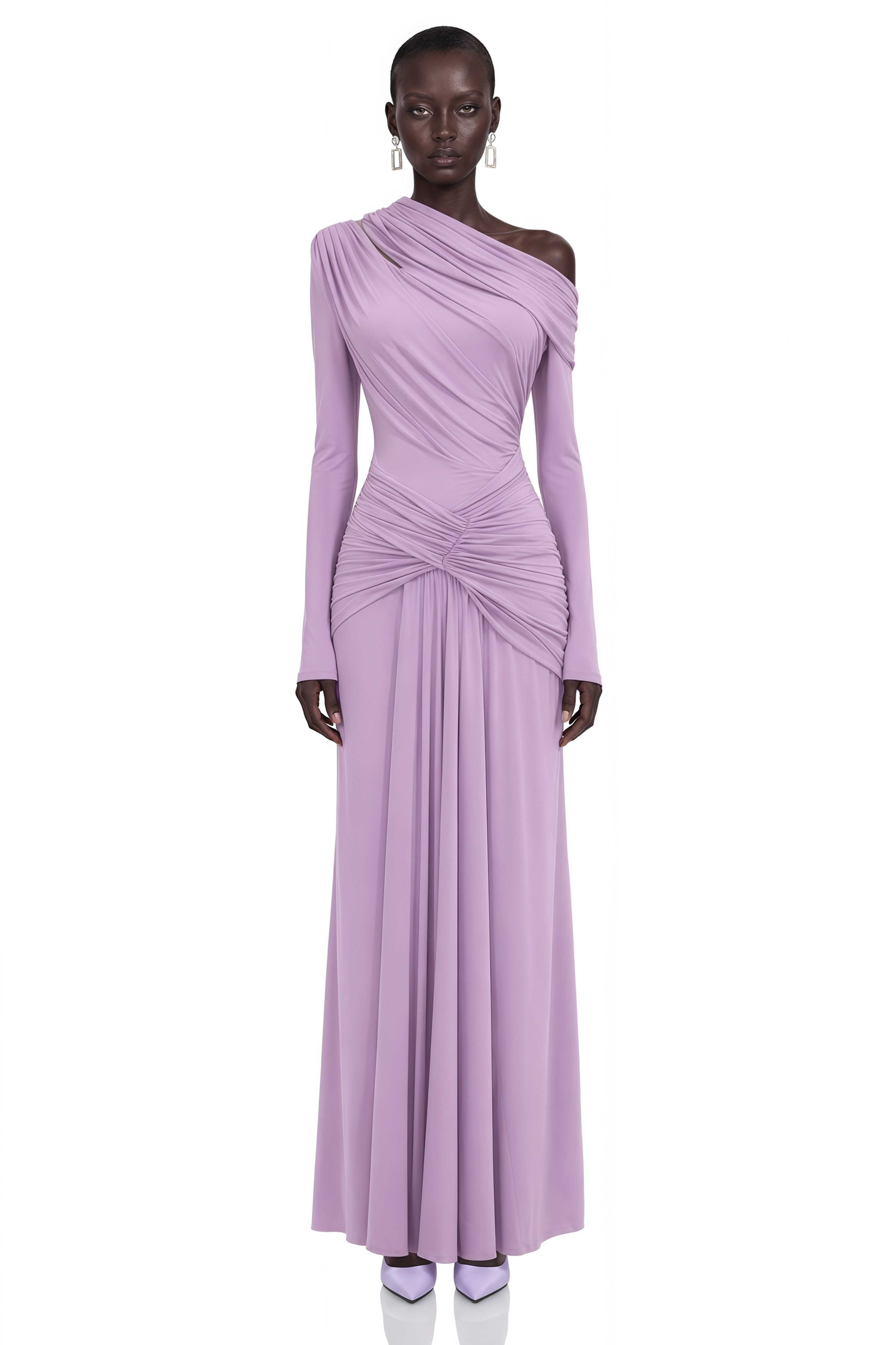 Dolores Purple Long Sleeve One Shoulder Ruched Maxi Dress