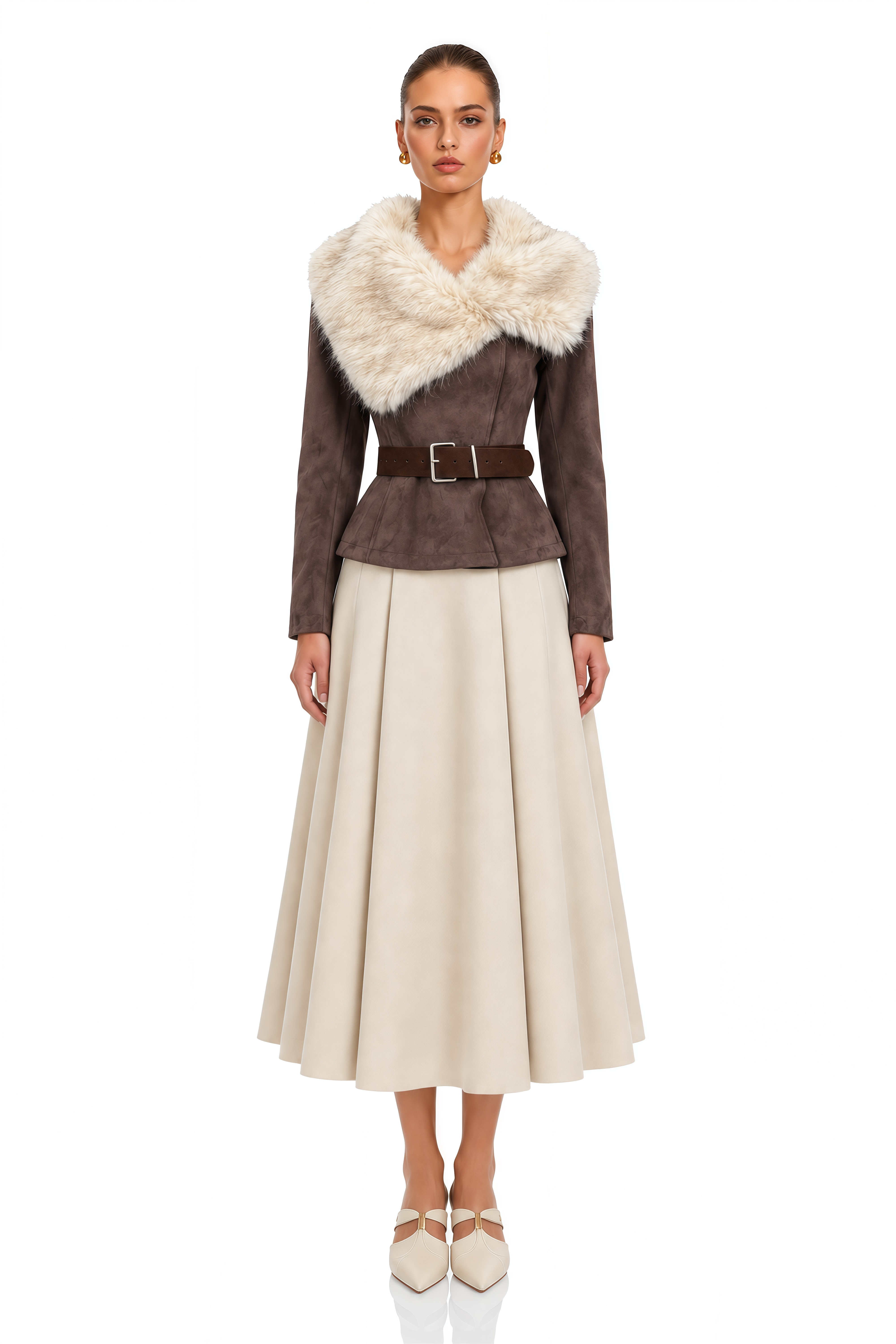 Dottie Brown Faux Fur Collar Belted Jacket