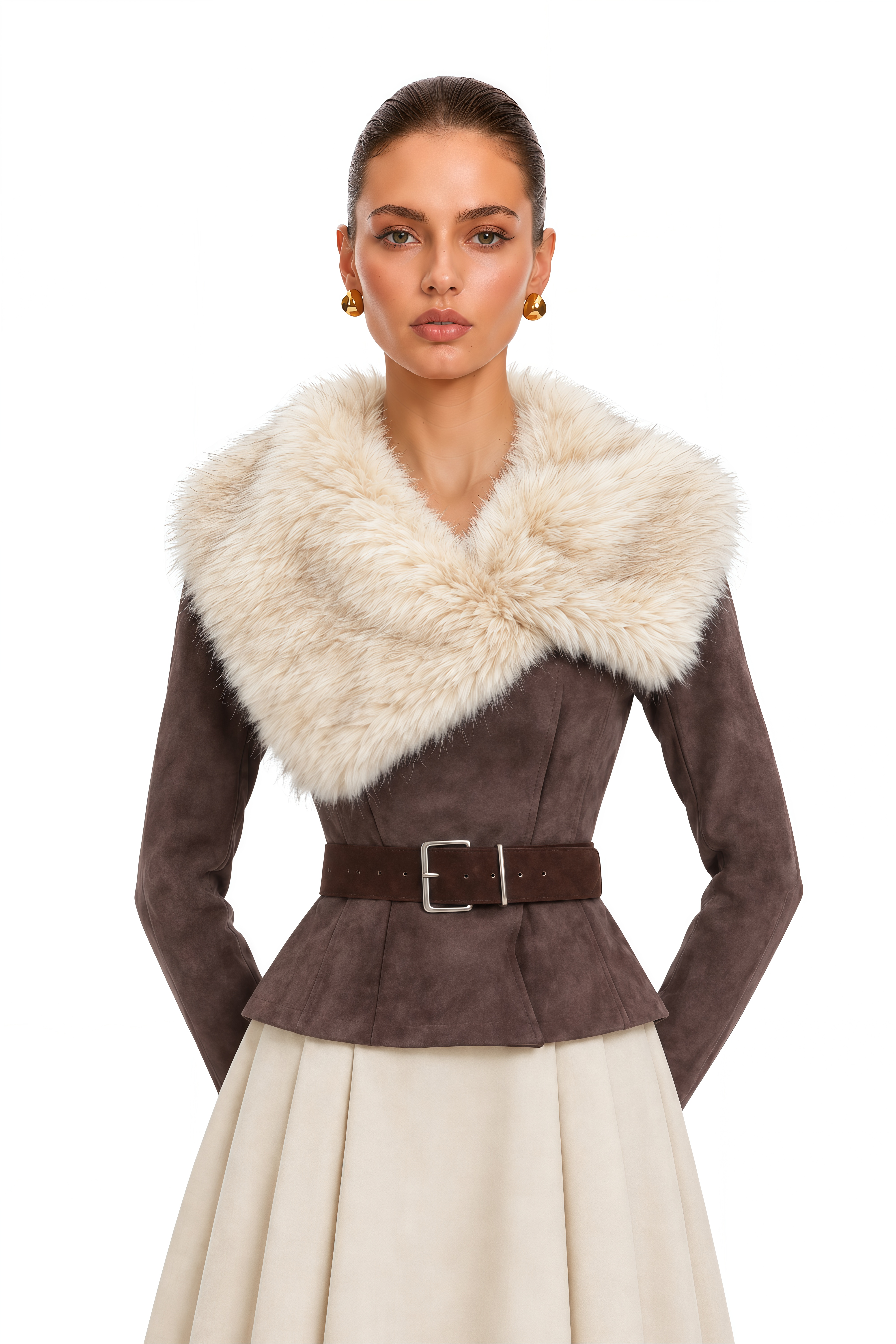 Dottie Brown Faux Fur Collar Belted Jacket