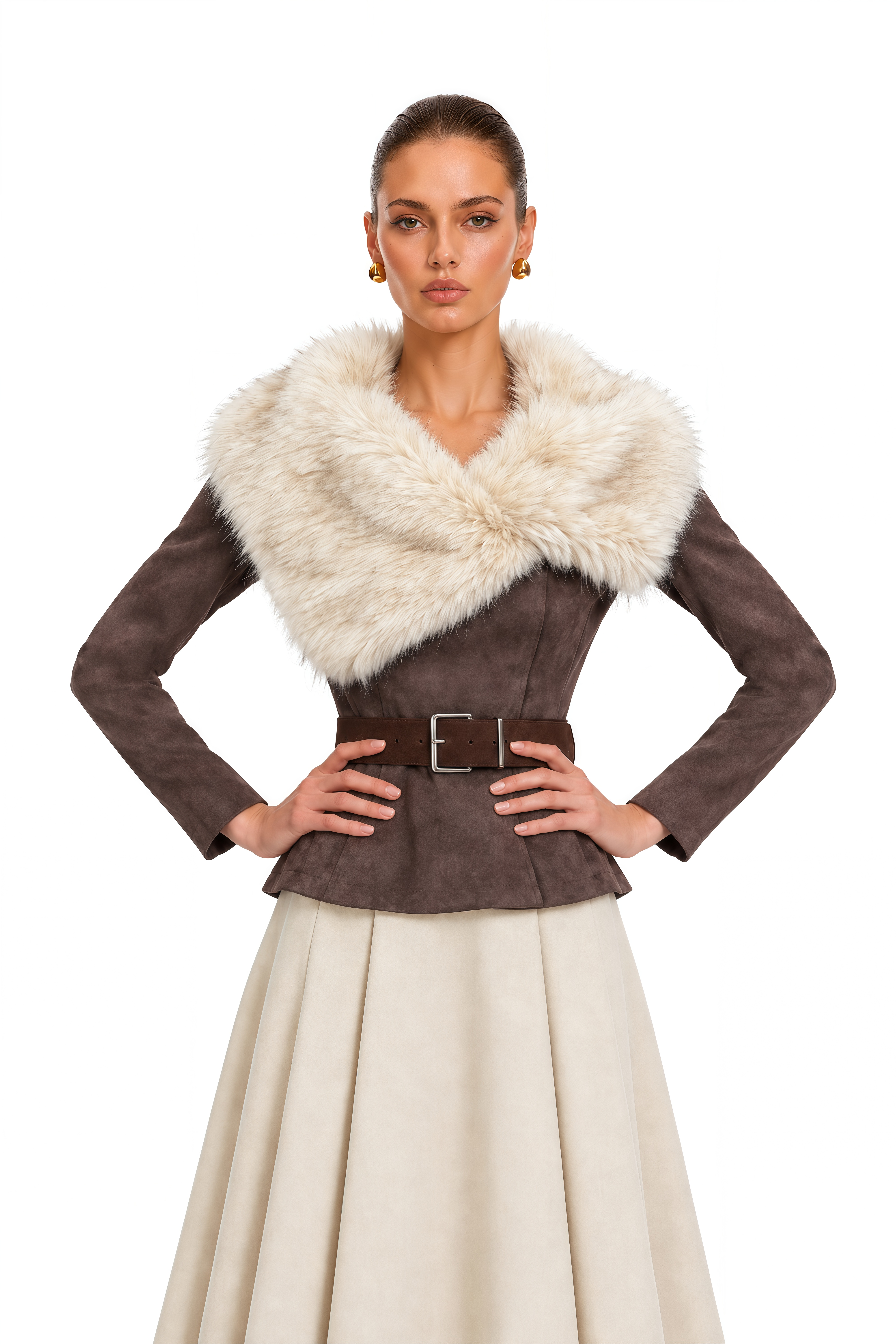 Dottie Brown Faux Fur Collar Belted Jacket