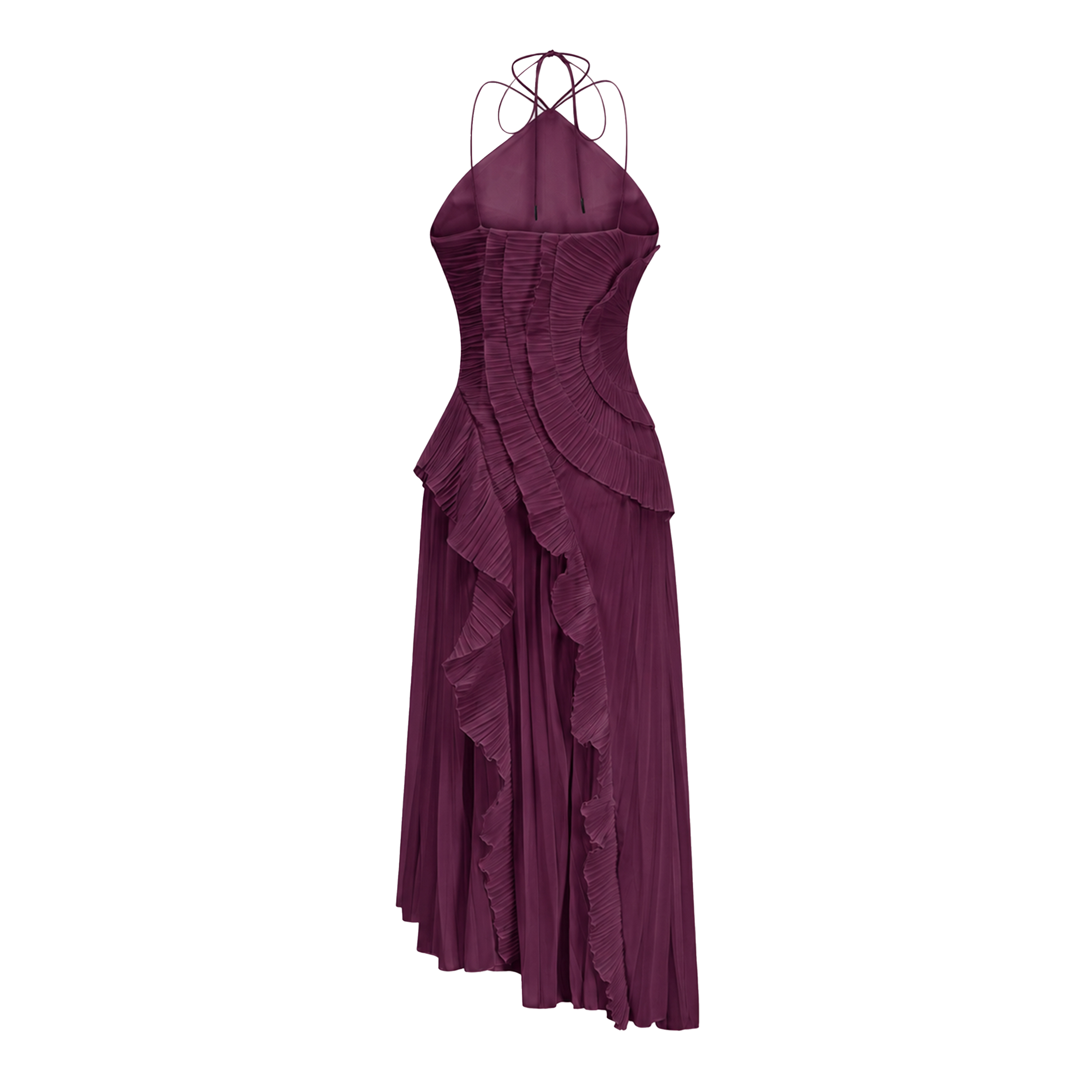 Doux Dark Purple Ruffled Trim Pleated Midi Dress