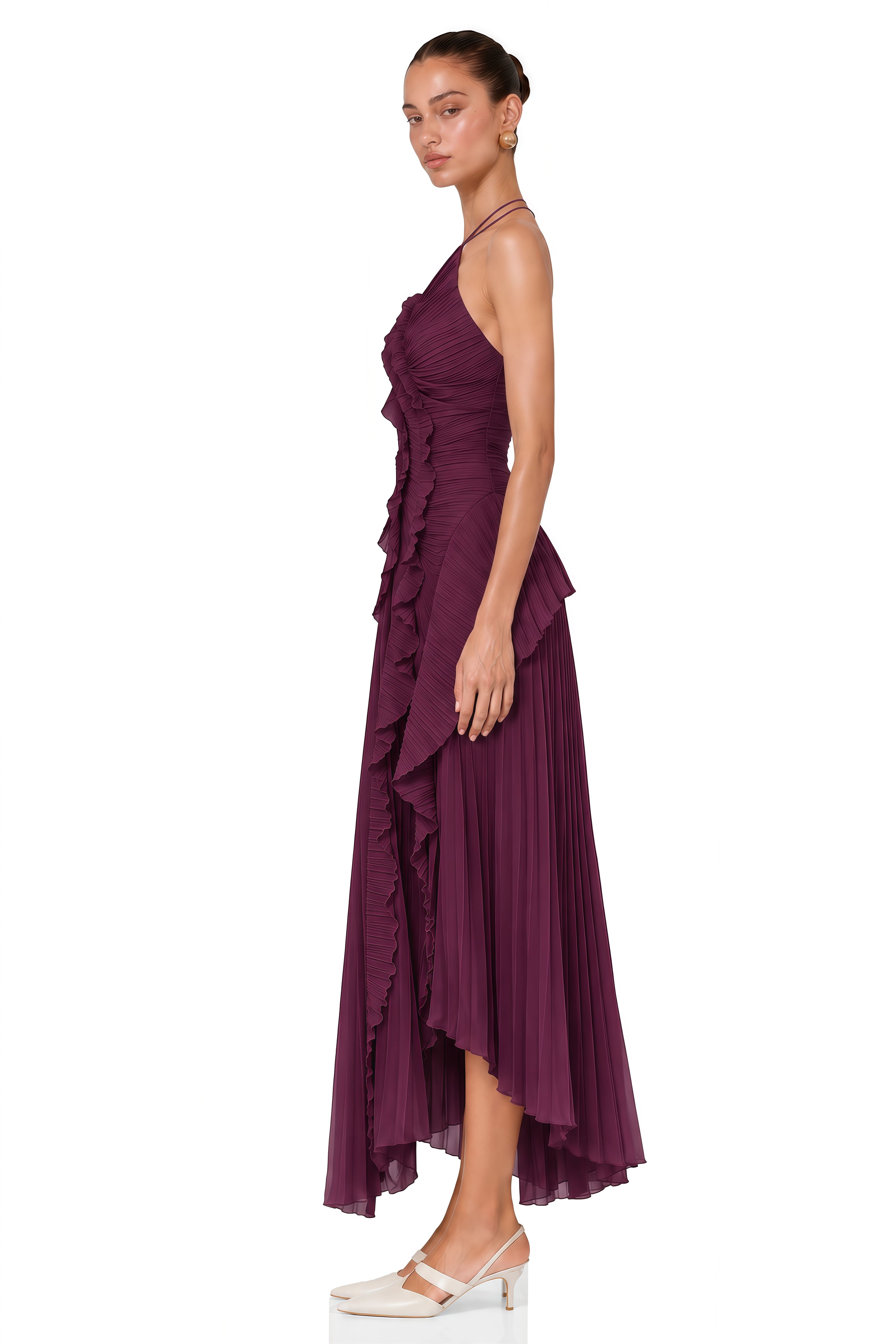 Doux Dark Purple Ruffled Trim Pleated Midi Dress
