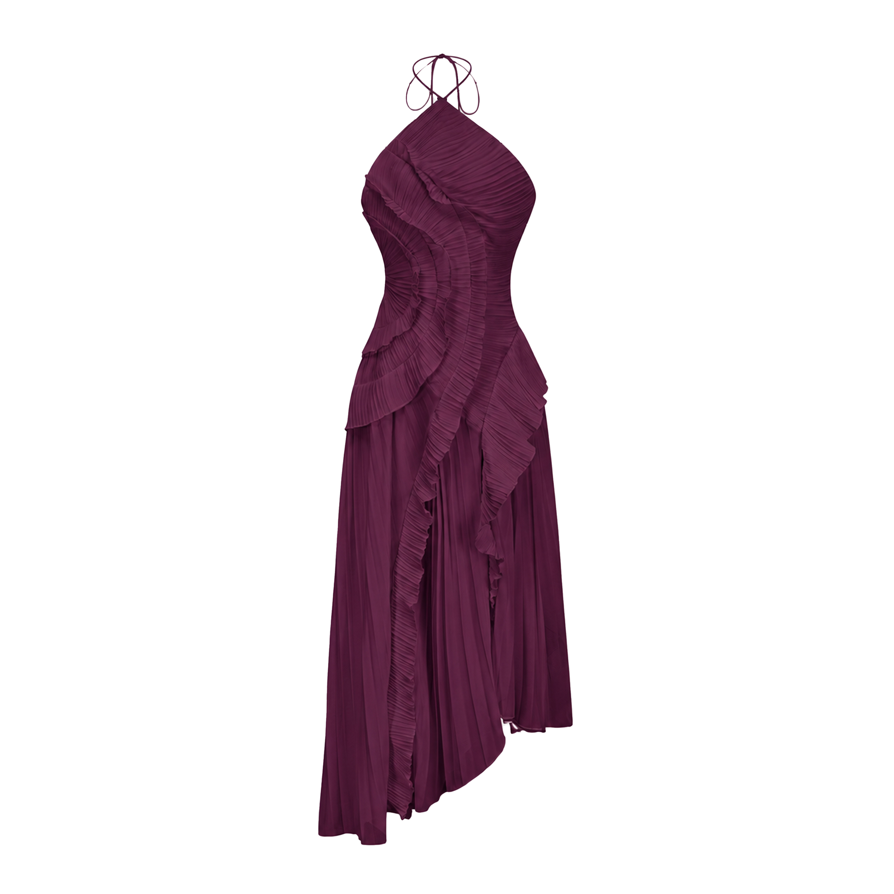 Doux Dark Purple Ruffled Trim Pleated Midi Dress