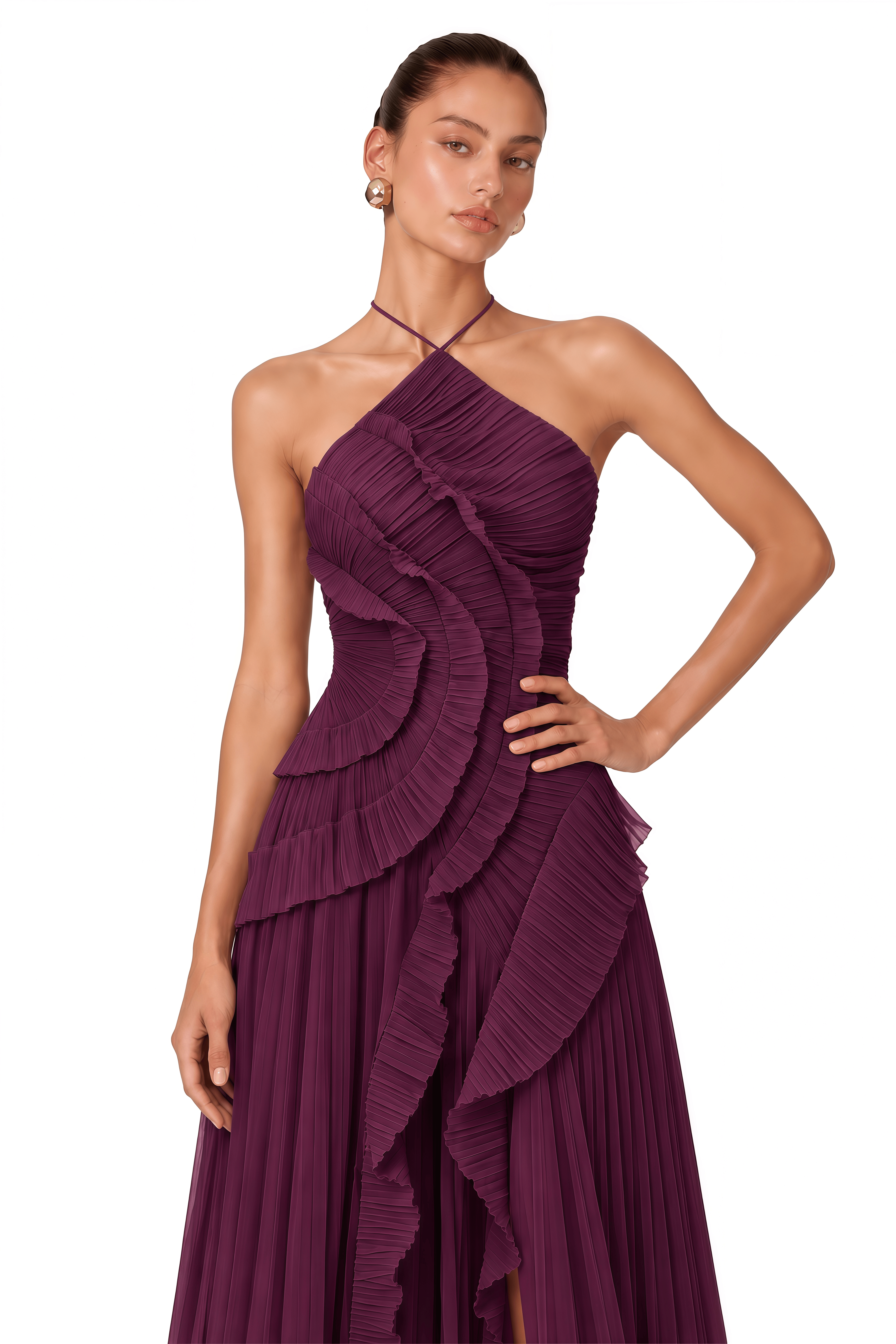 Doux Dark Purple Ruffled Trim Pleated Midi Dress