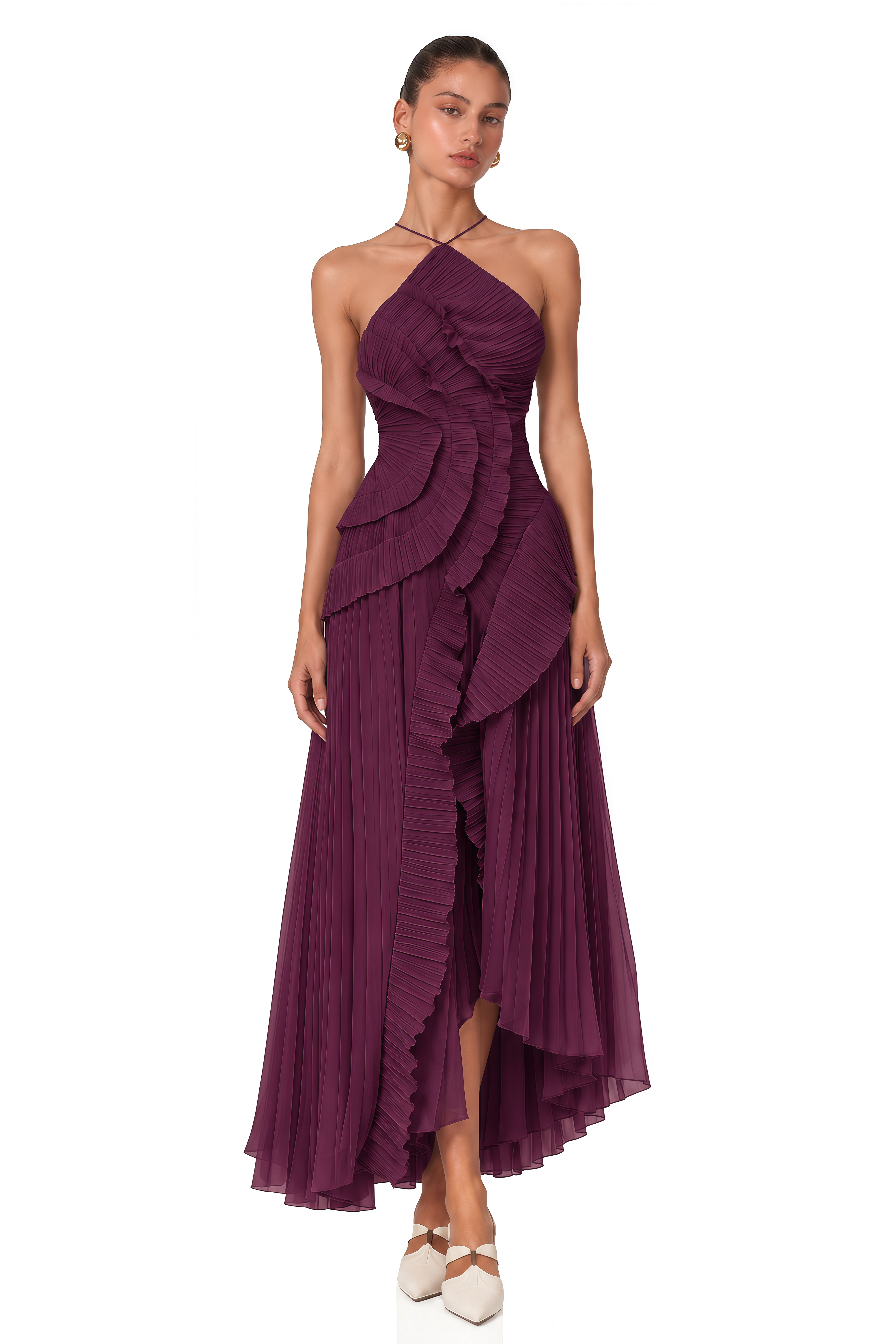 Doux Dark Purple Ruffled Trim Pleated Midi Dress