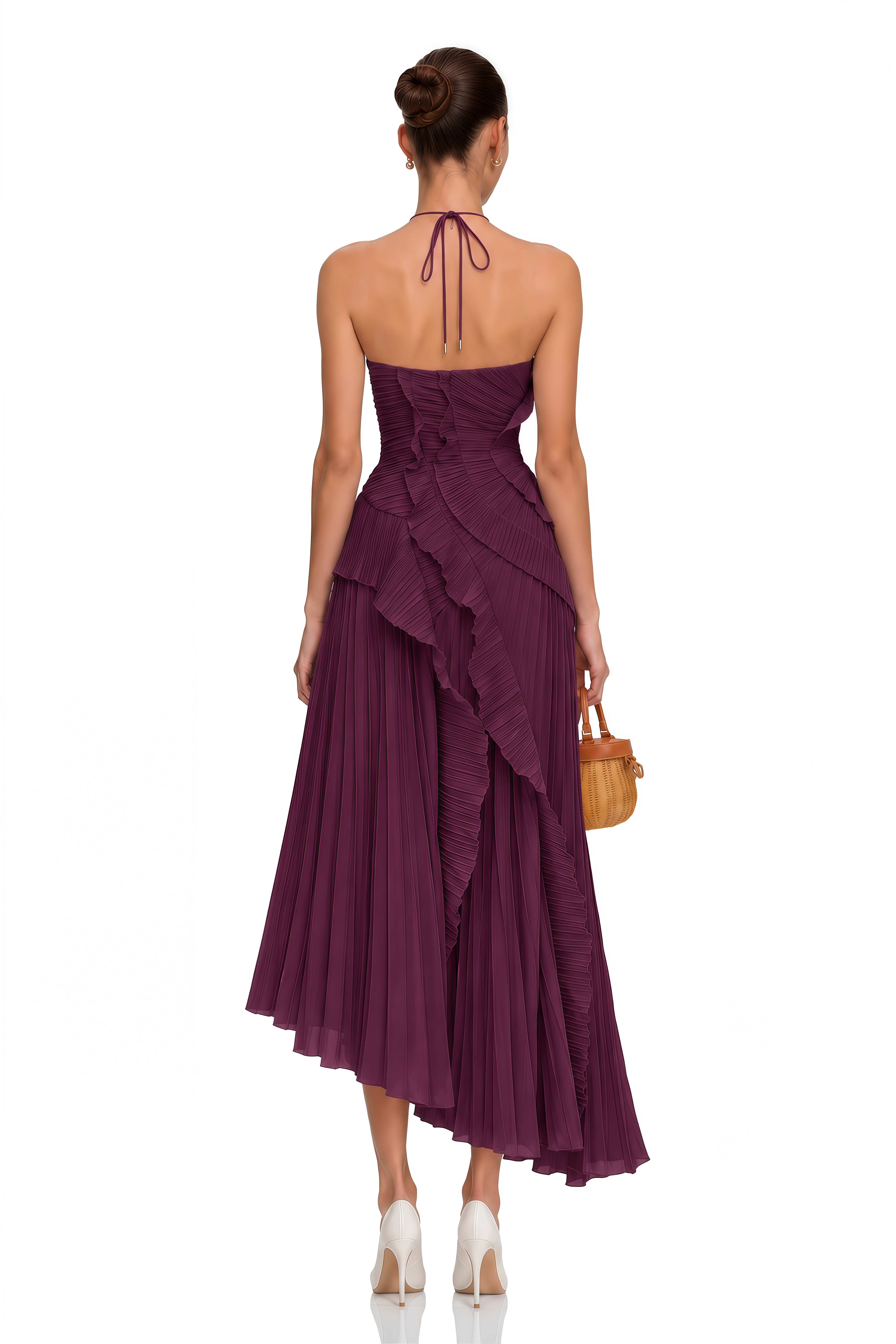 Doux Dark Purple Ruffled Trim Pleated Midi Dress