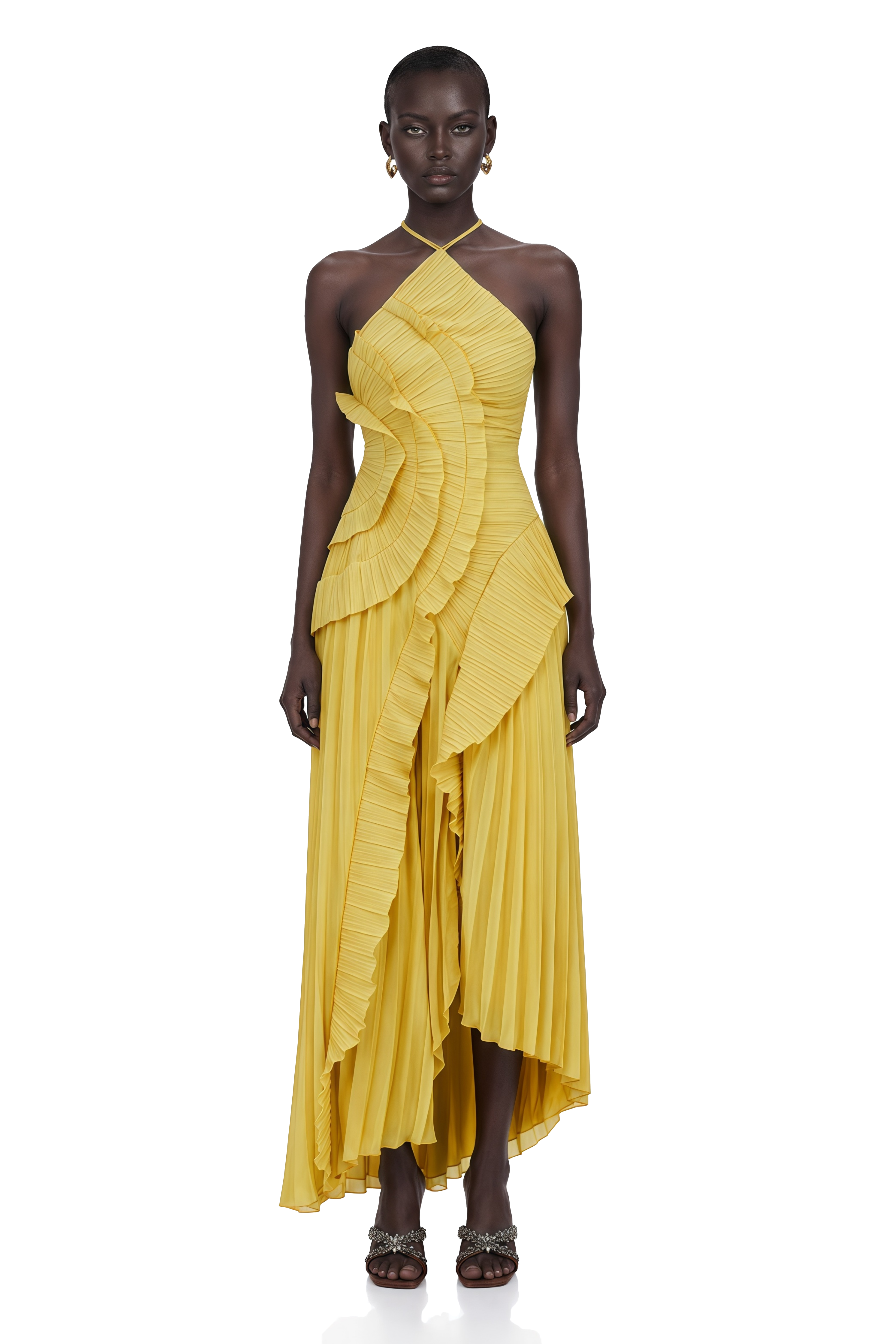 Doux Yellow Ruffled Trim Pleated Midi Dress