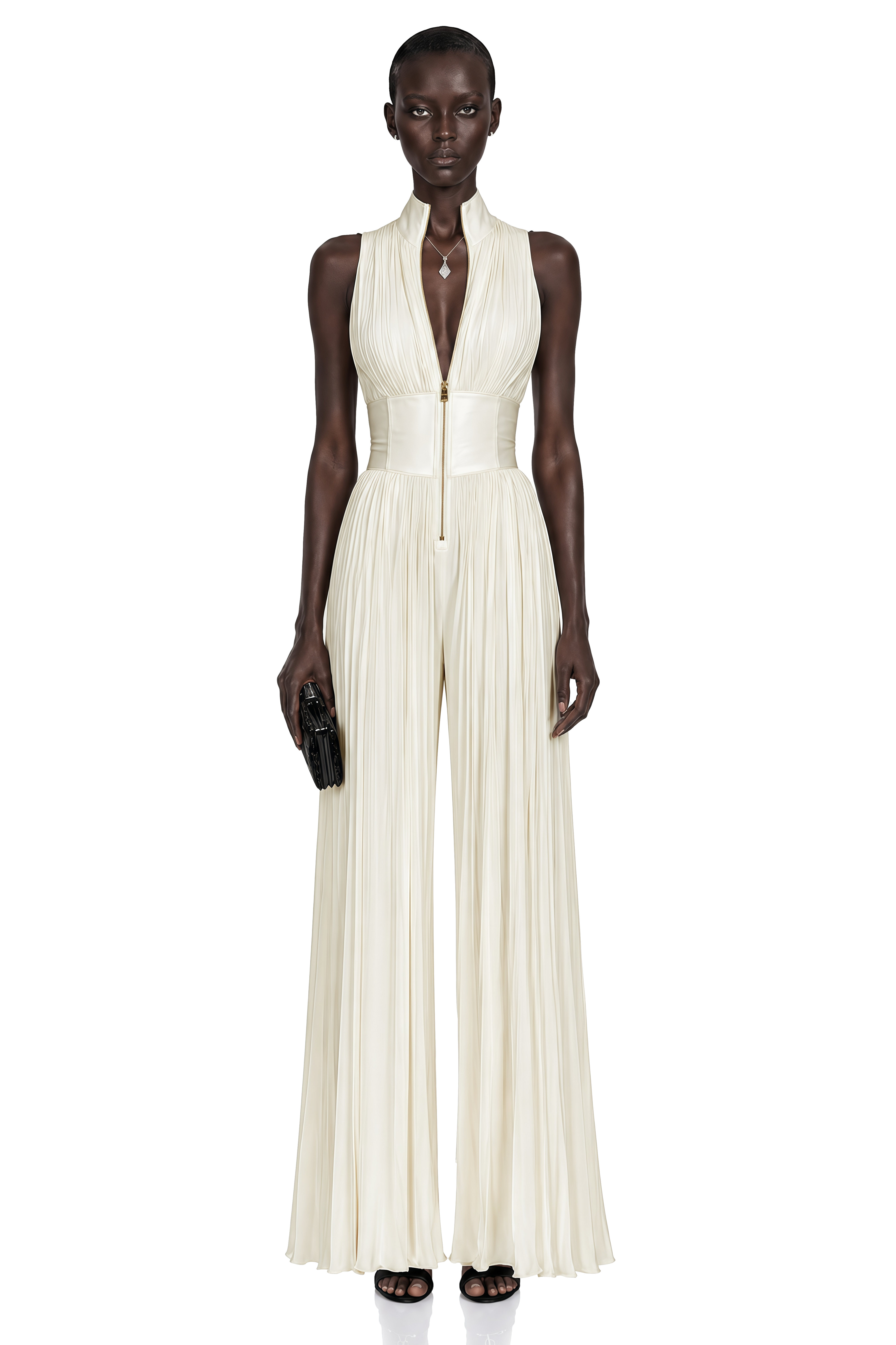 Ecem Cream White Mock Neck Ruched Jumpsuit