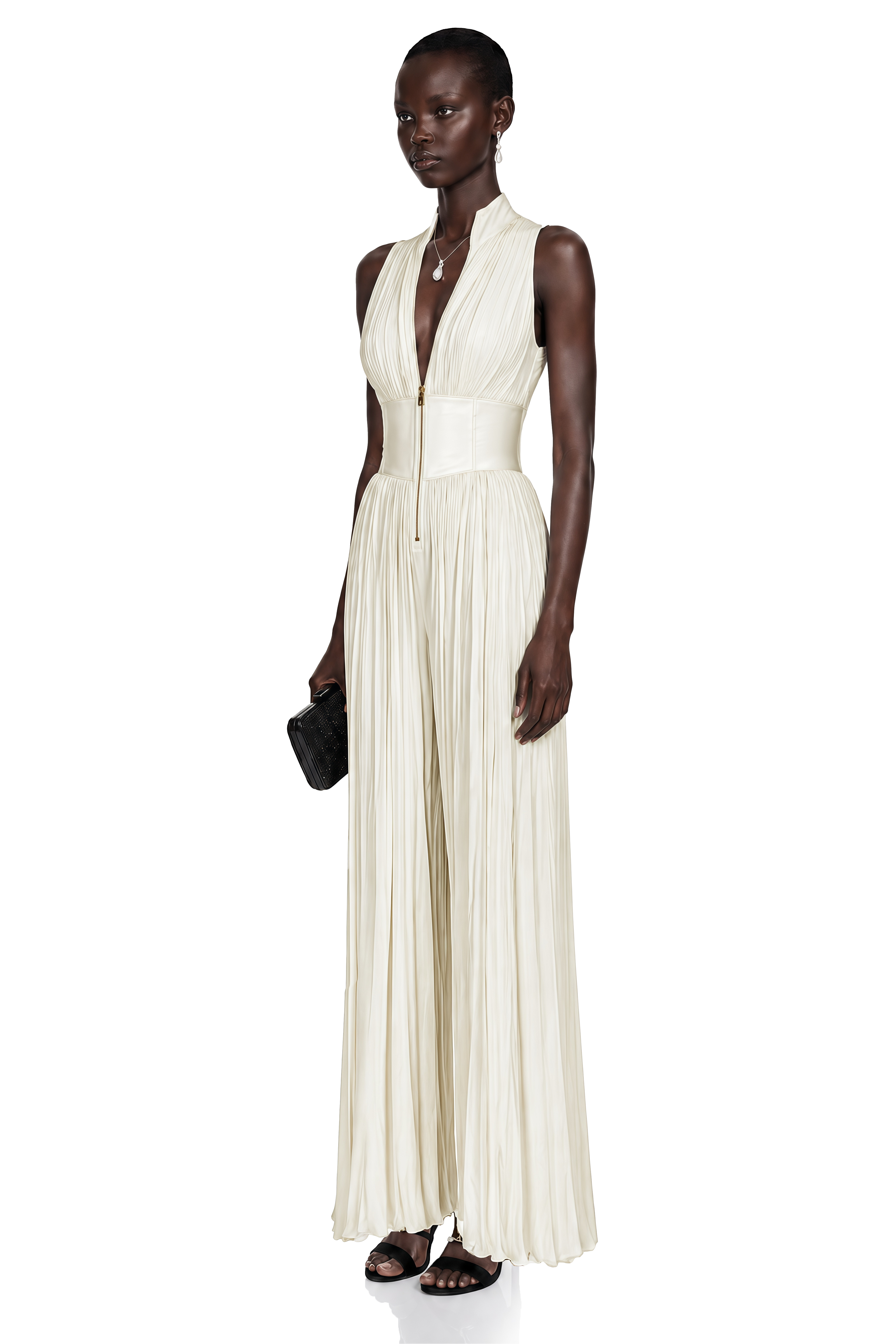Ecem Cream White Mock Neck Ruched Jumpsuit