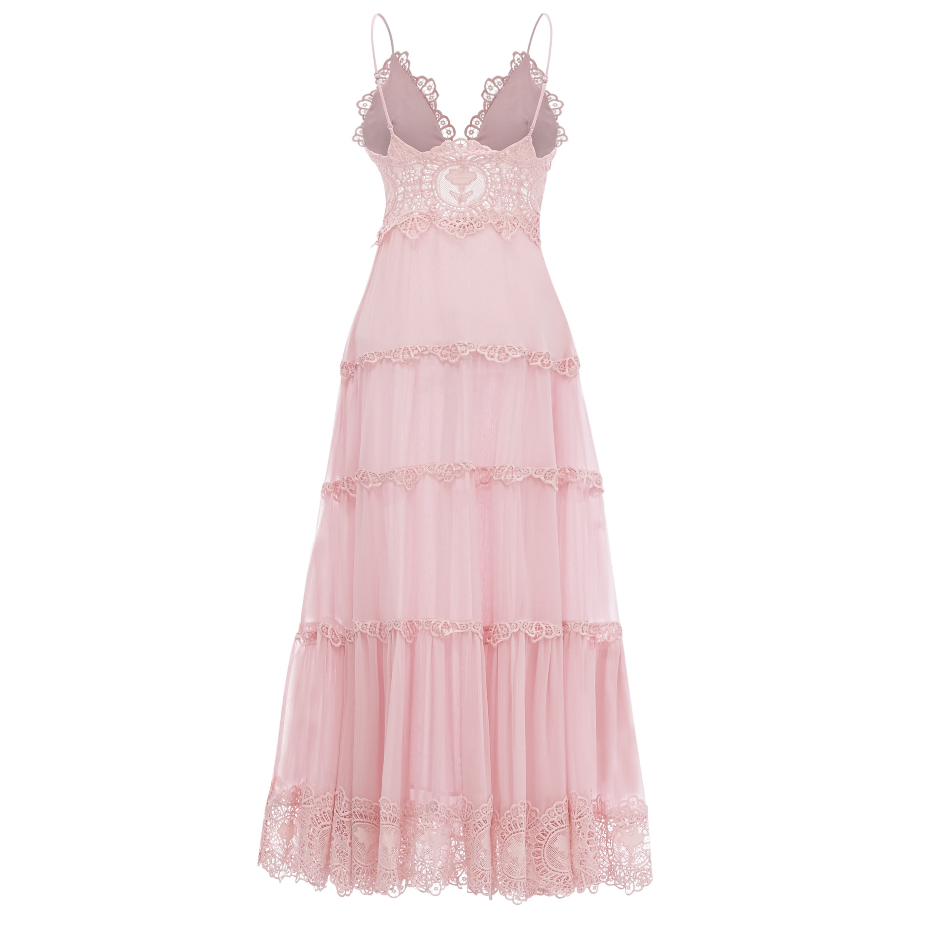 Ecrin Pink Tiered Midi Dress with Lace Panels