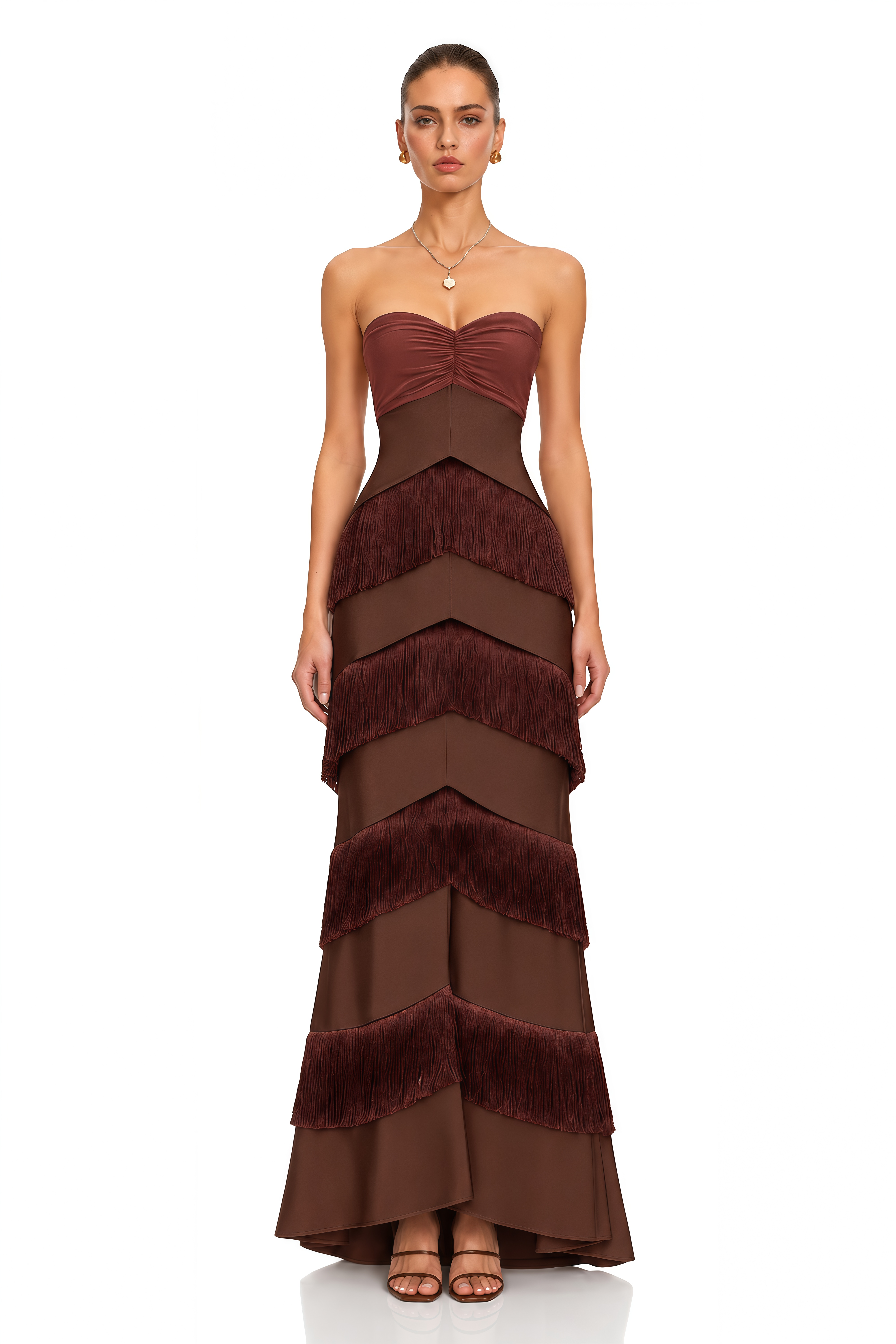 Eesha Brown Strapless Fringe Tiered Maxi Dress