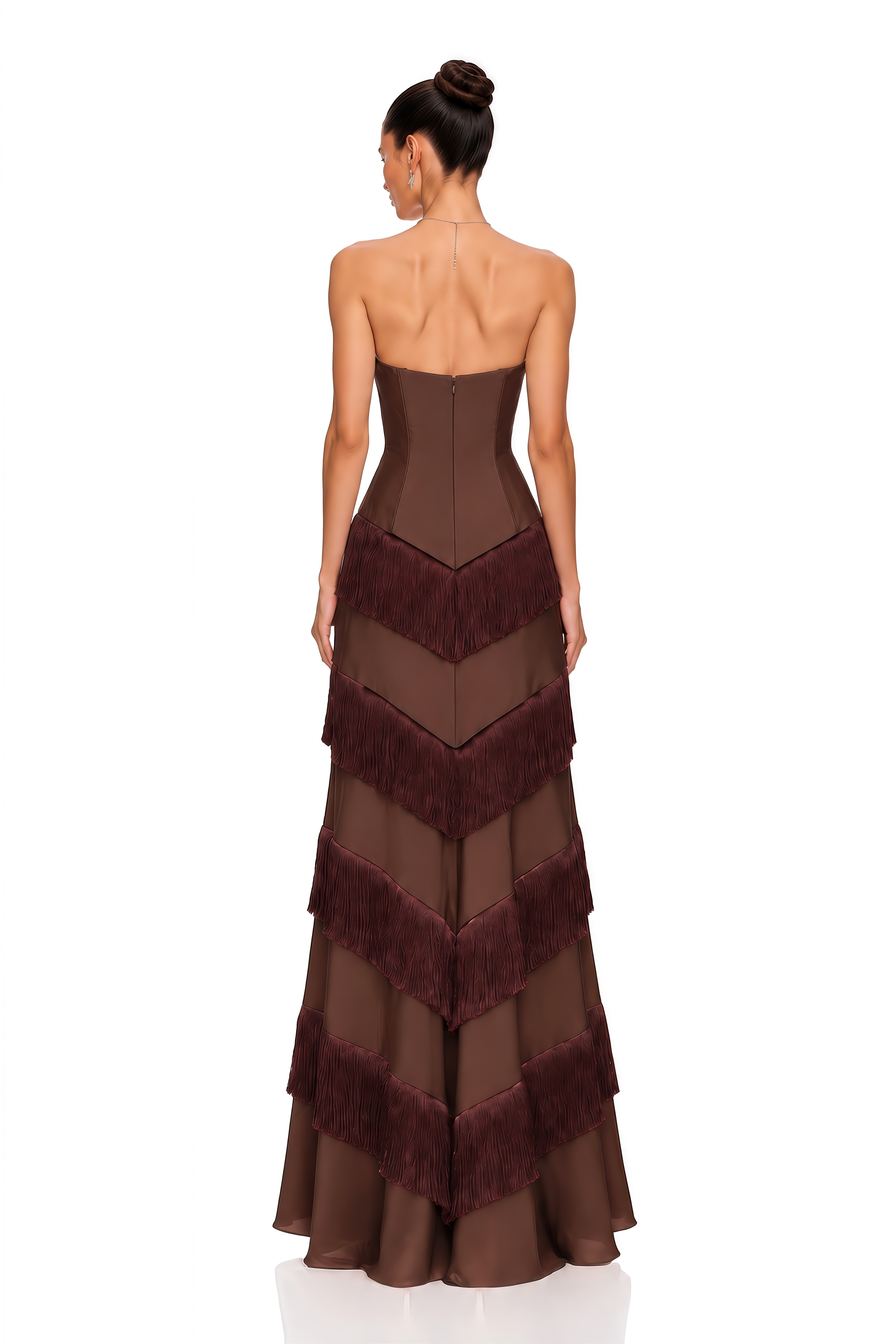 Eesha Brown Strapless Fringe Tiered Maxi Dress