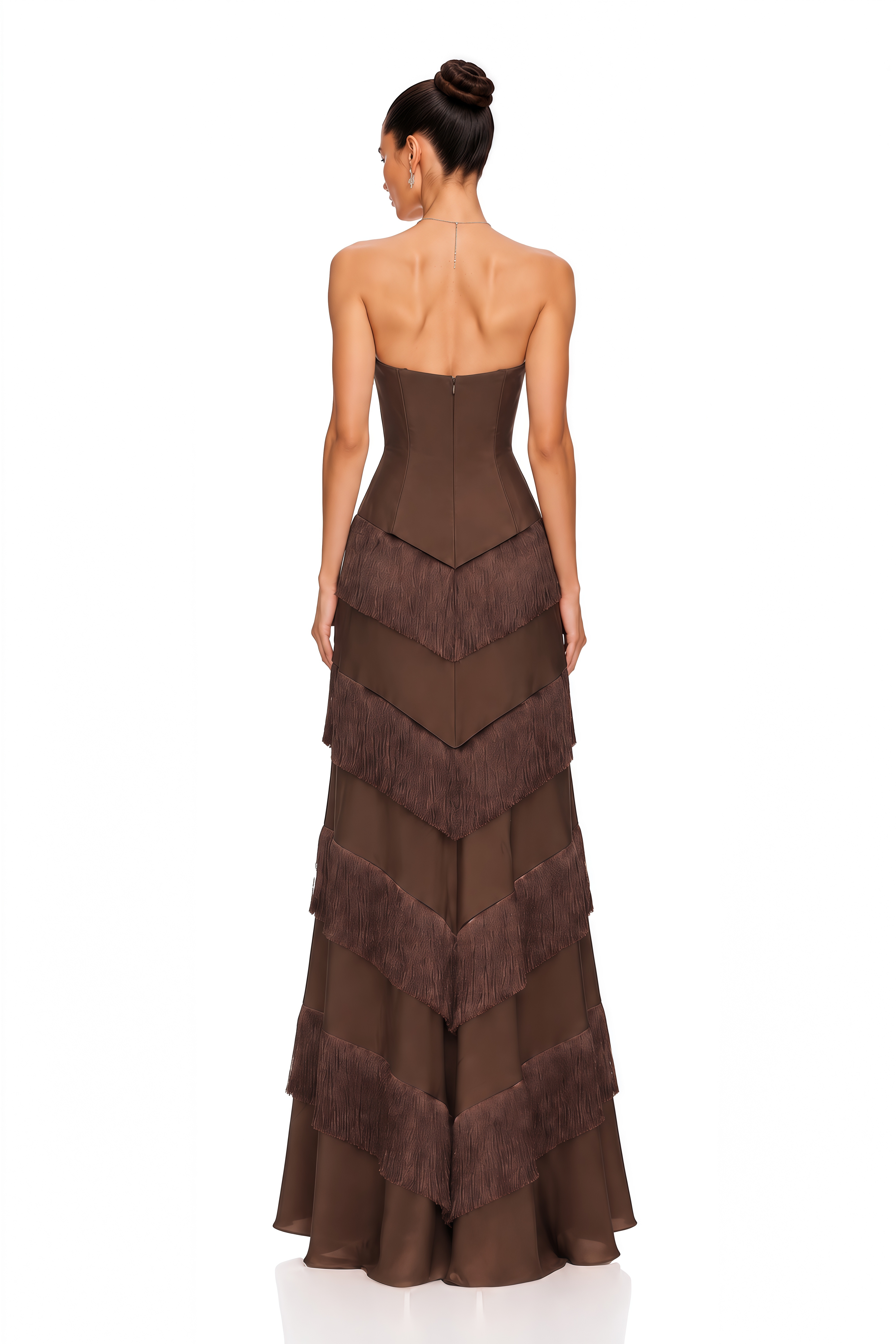 Eesha Brown Strapless Fringe Tiered Maxi Dress