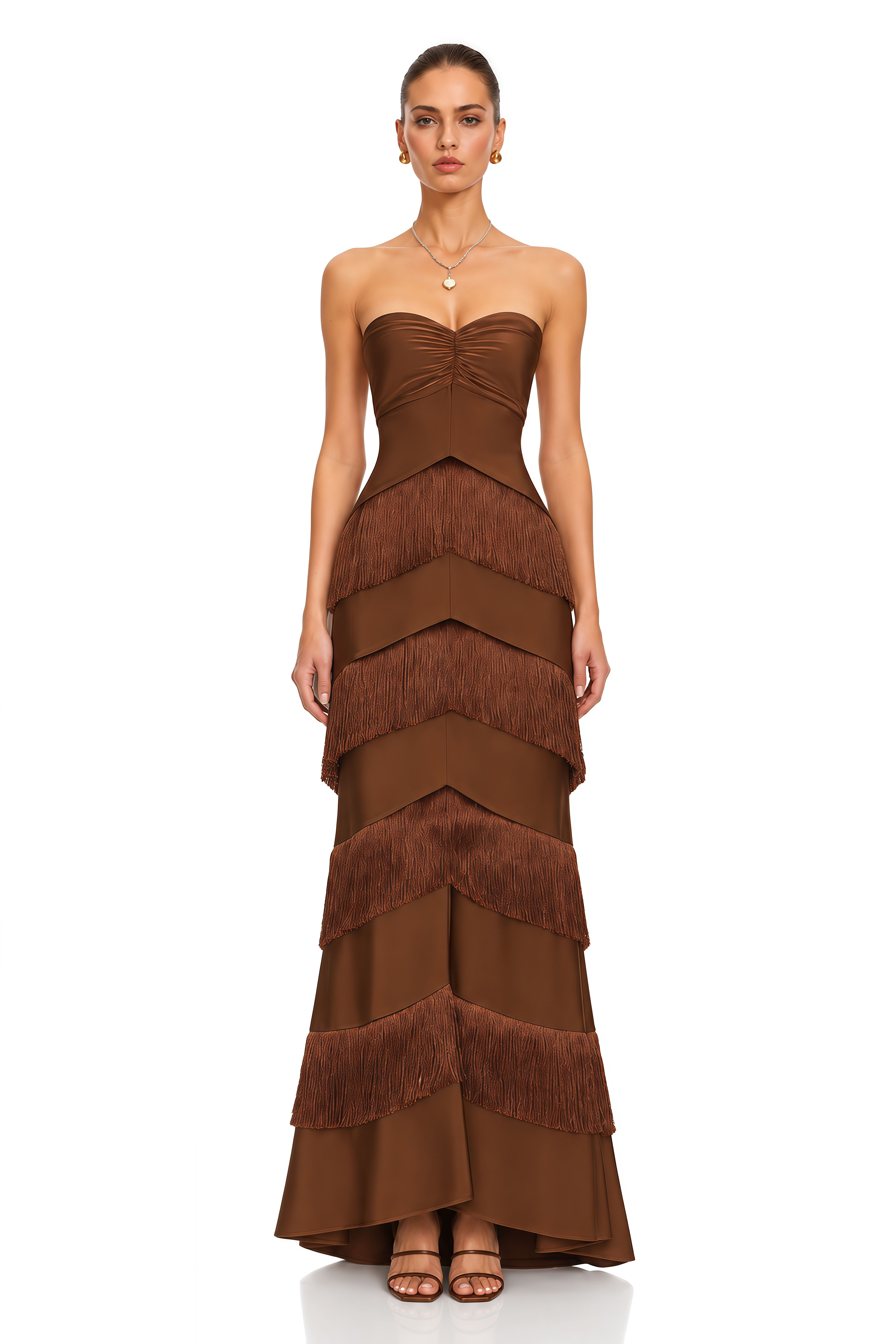 Eesha Brown Strapless Fringe Tiered Maxi Dress