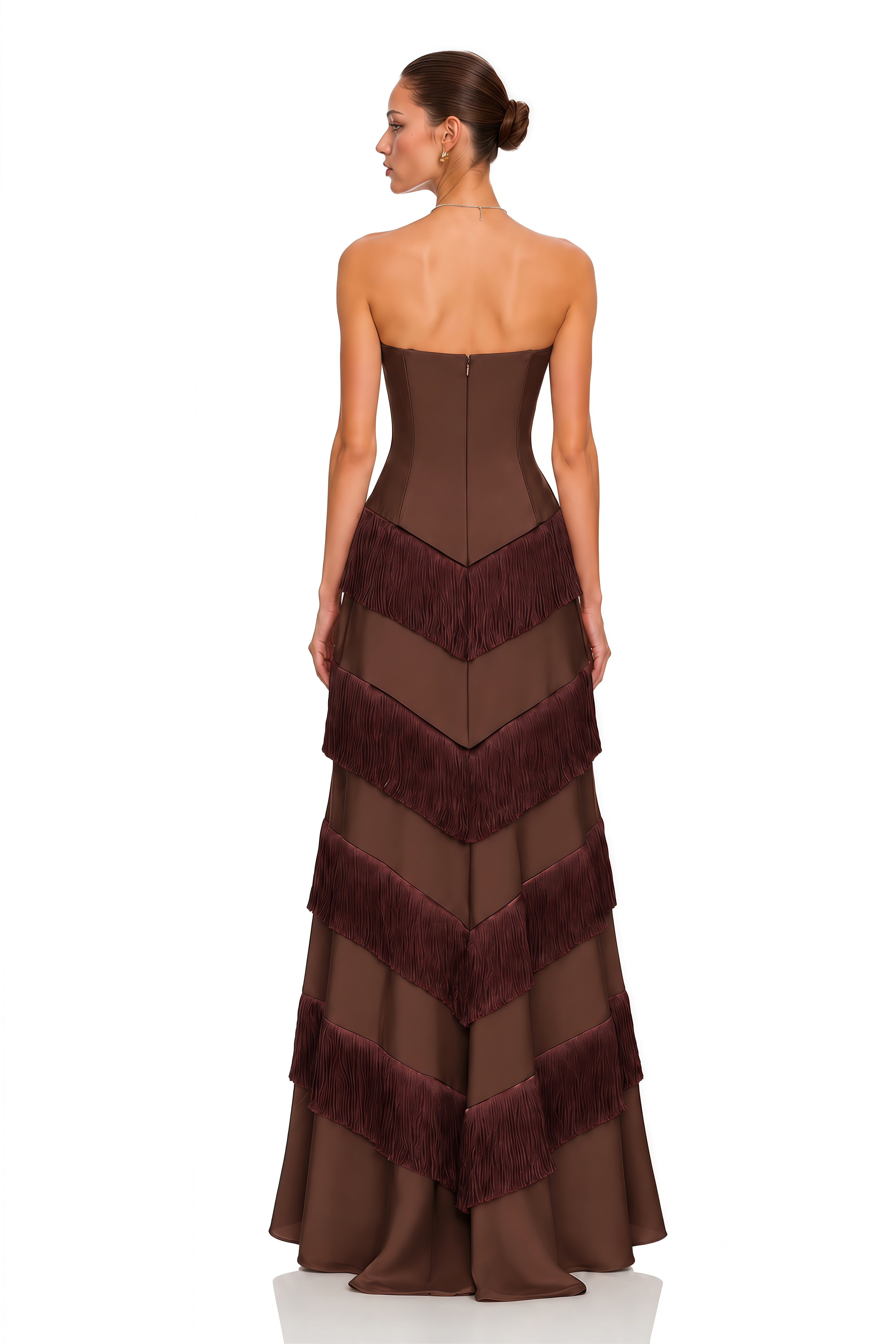 Eesha Brown Strapless Fringe Tiered Maxi Dress